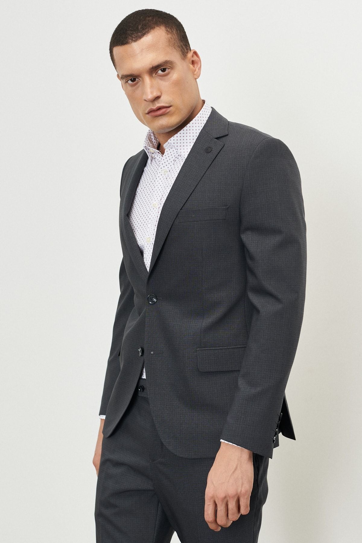 Men's Dark Gray Slim Fit Narrow Cut Mono Yaka Kareli Suit