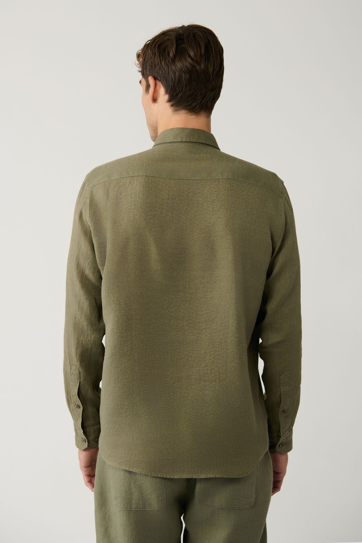 Male Khaki Buttoned Neck 100 %Linen Embroidery Shirt A41y2232