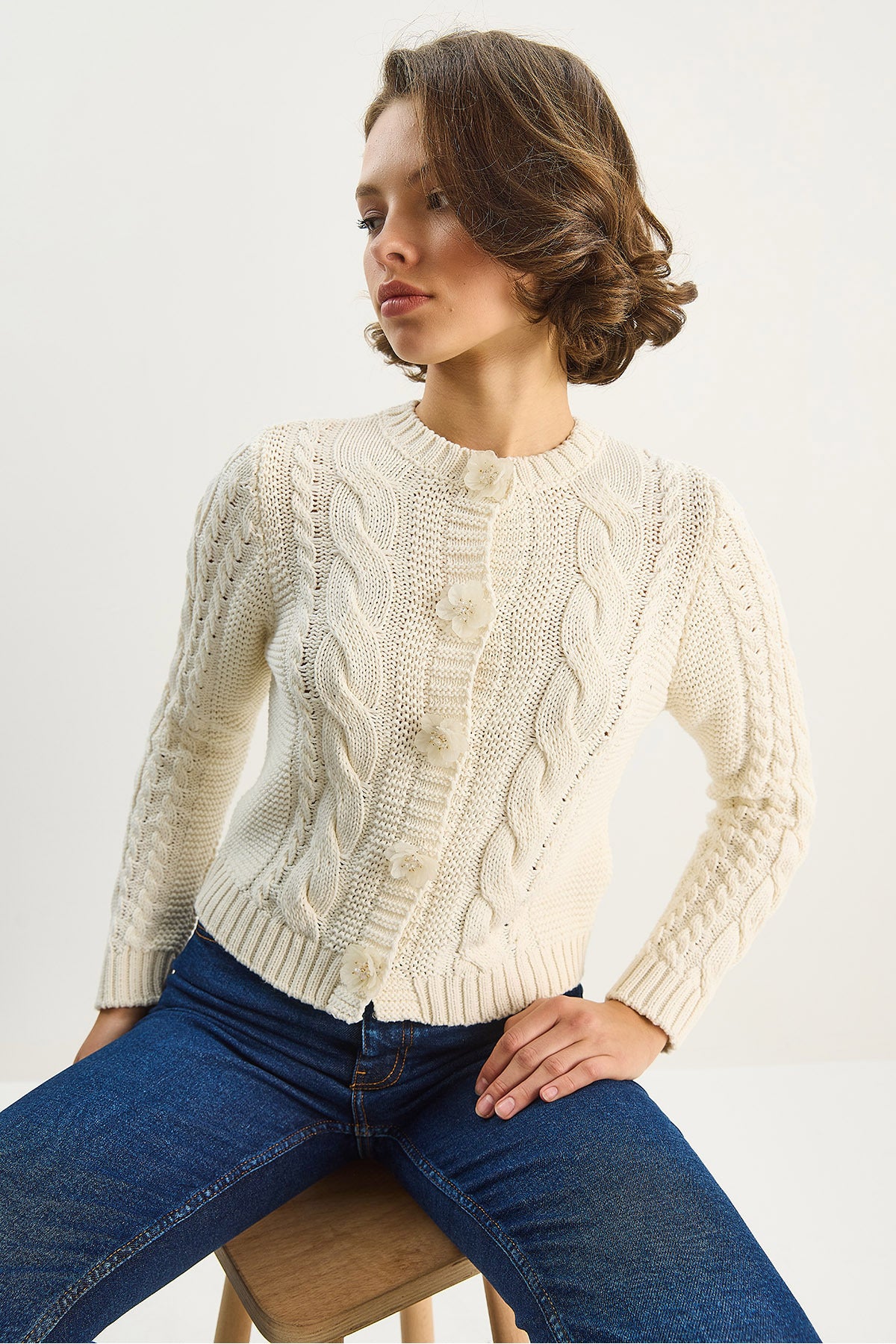 Women's Crew Neck Hair Knitted Flower Button Accessory Knitwear Cardigan 4986 60283706