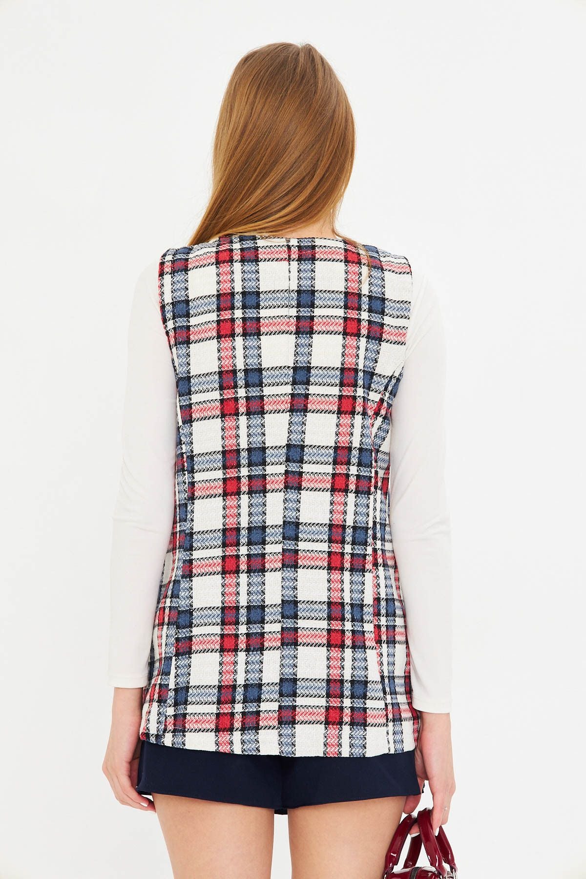 Woman Red V-Neck Single Button Oversize plaid vest ARM-25K0011111