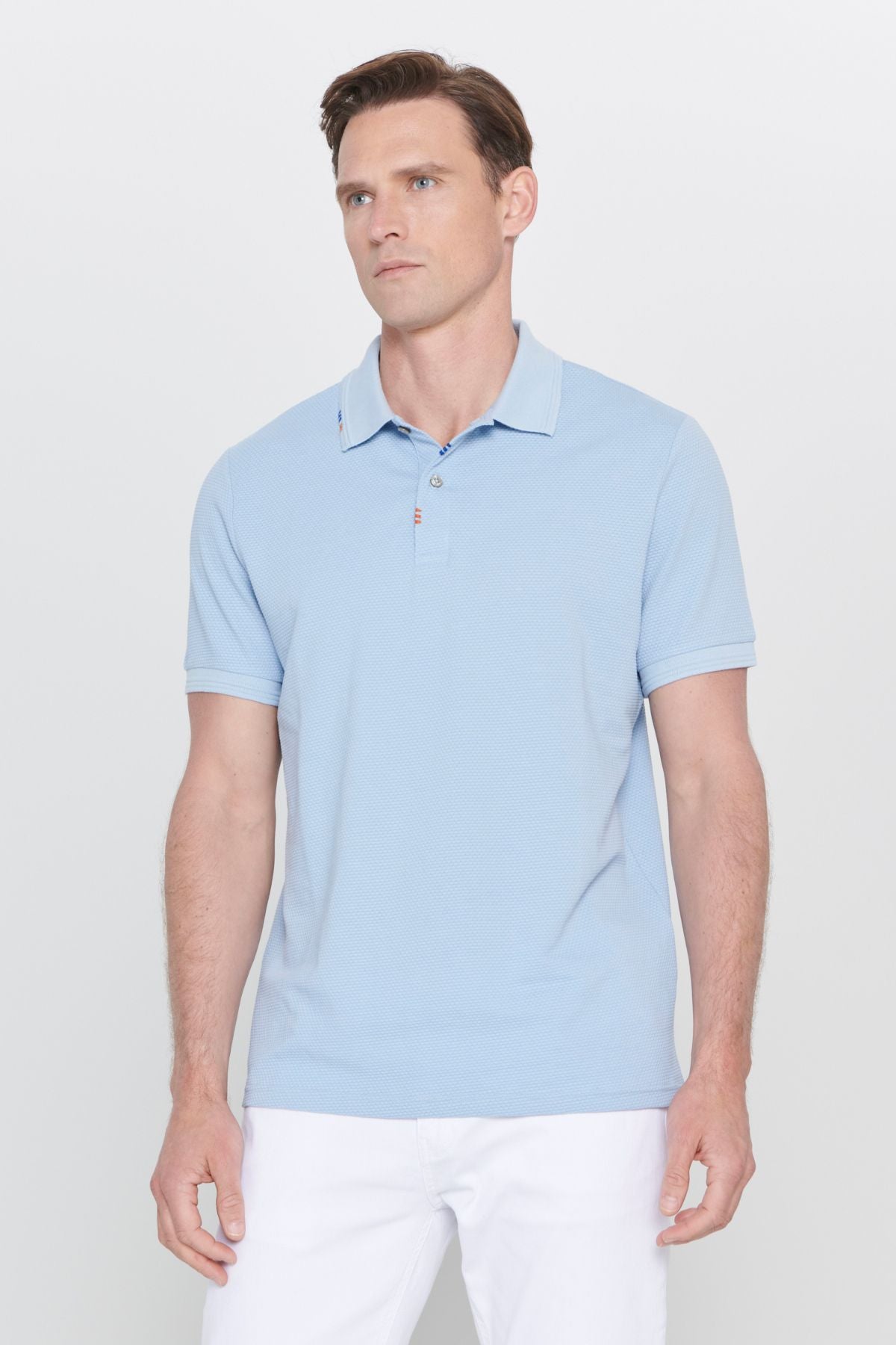 Men's light blue slim fit narrow cut polo collar printed cotton T -shirt