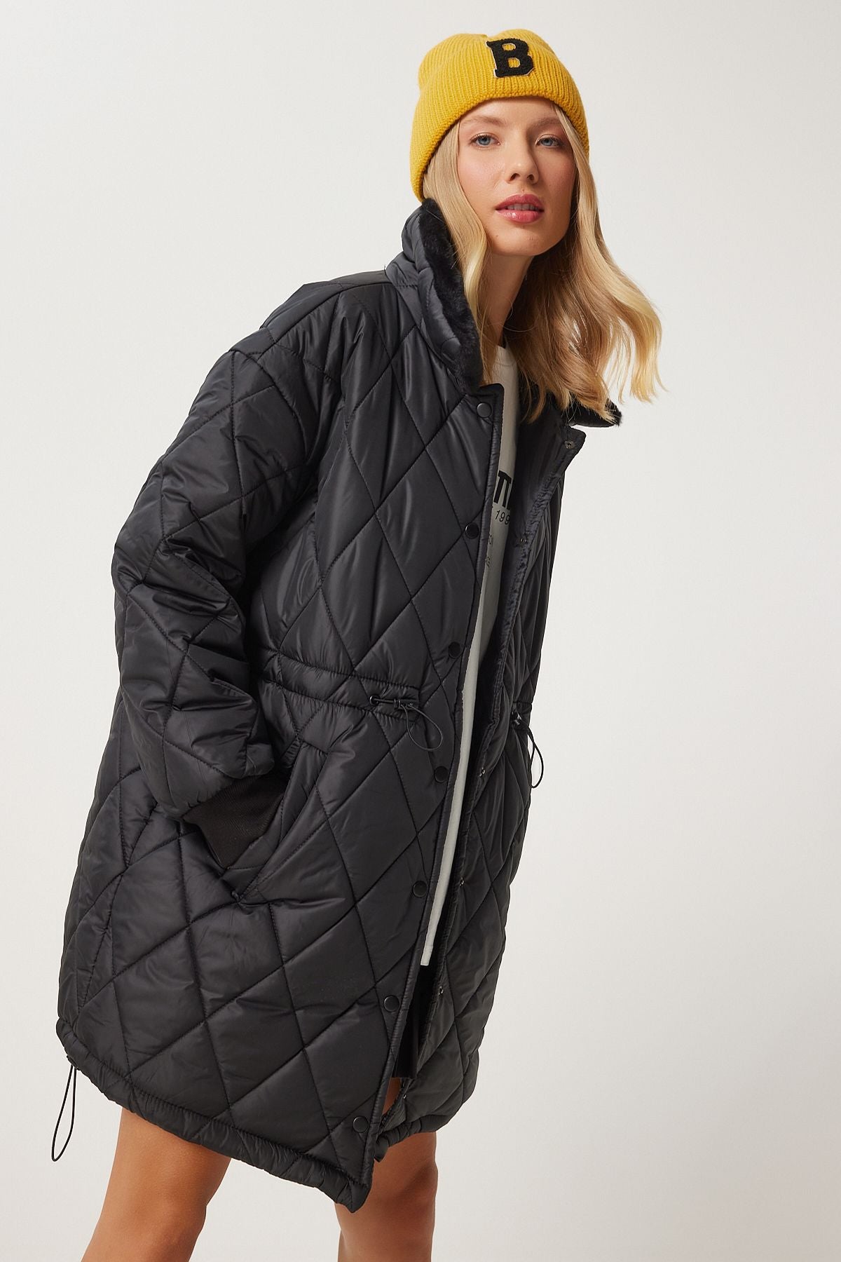 Women's black collar furred quilted coat pys0030