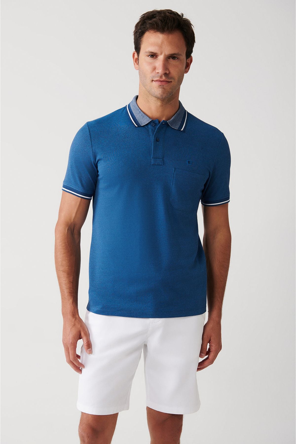 Men's Indigo Curlled Neck Pocket 2 Button Polo Yaka T-Shirt E001031