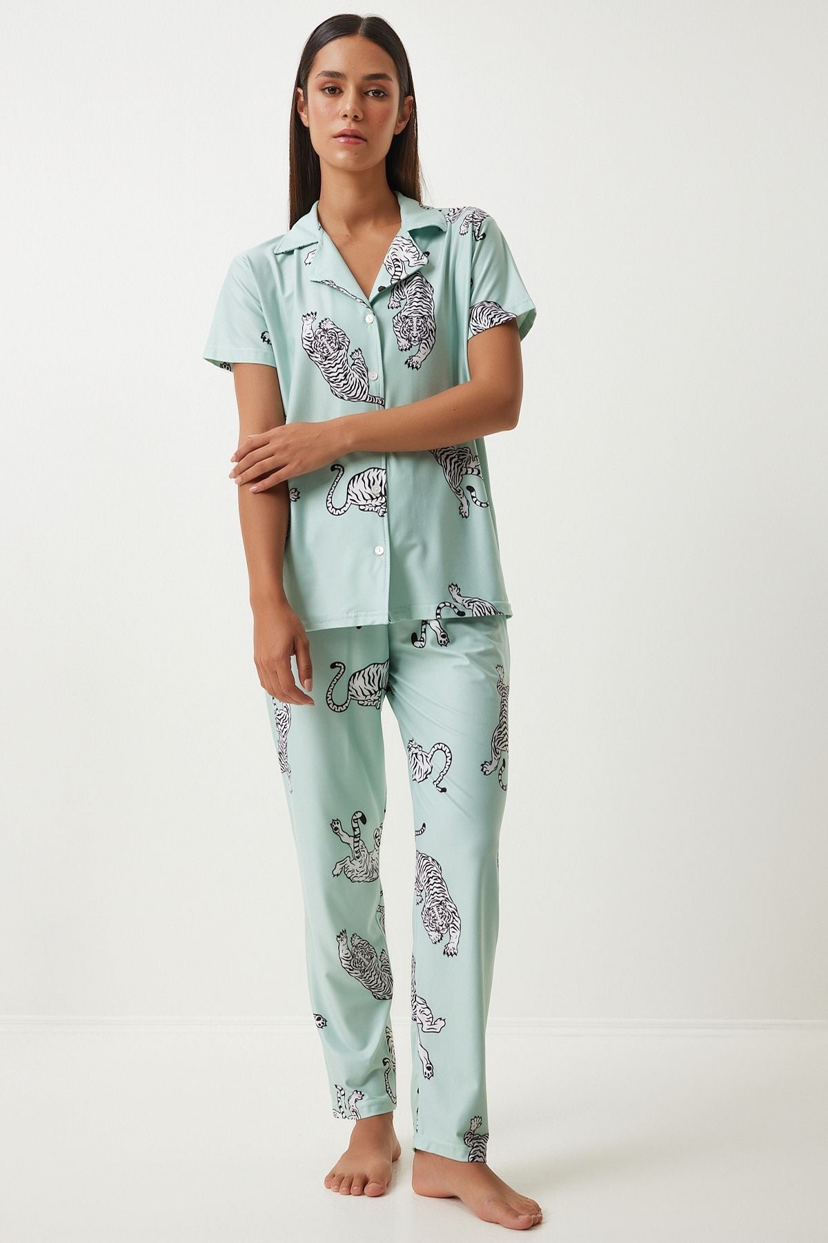 WOMEN'S WATER GREEN PATTERN PATTERNED Pants Knitting Pajama Set FP00006