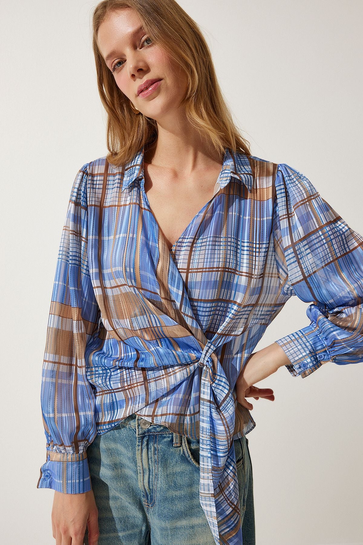 Women's Blue Gleaming Threaded Checkered Shirt WF00066