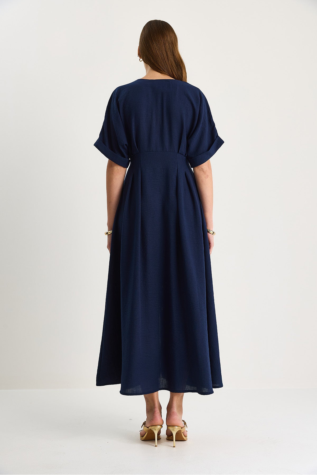 Women's V-Neck Gold Button Detailed Linen Dress 5266 60281107