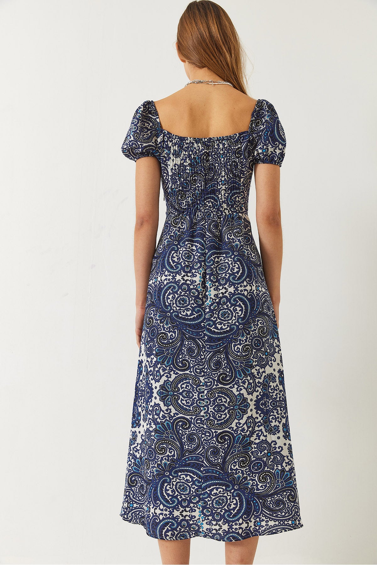 Women's Tie Collar Slit Detailed Patterned Midi Dress 60261478