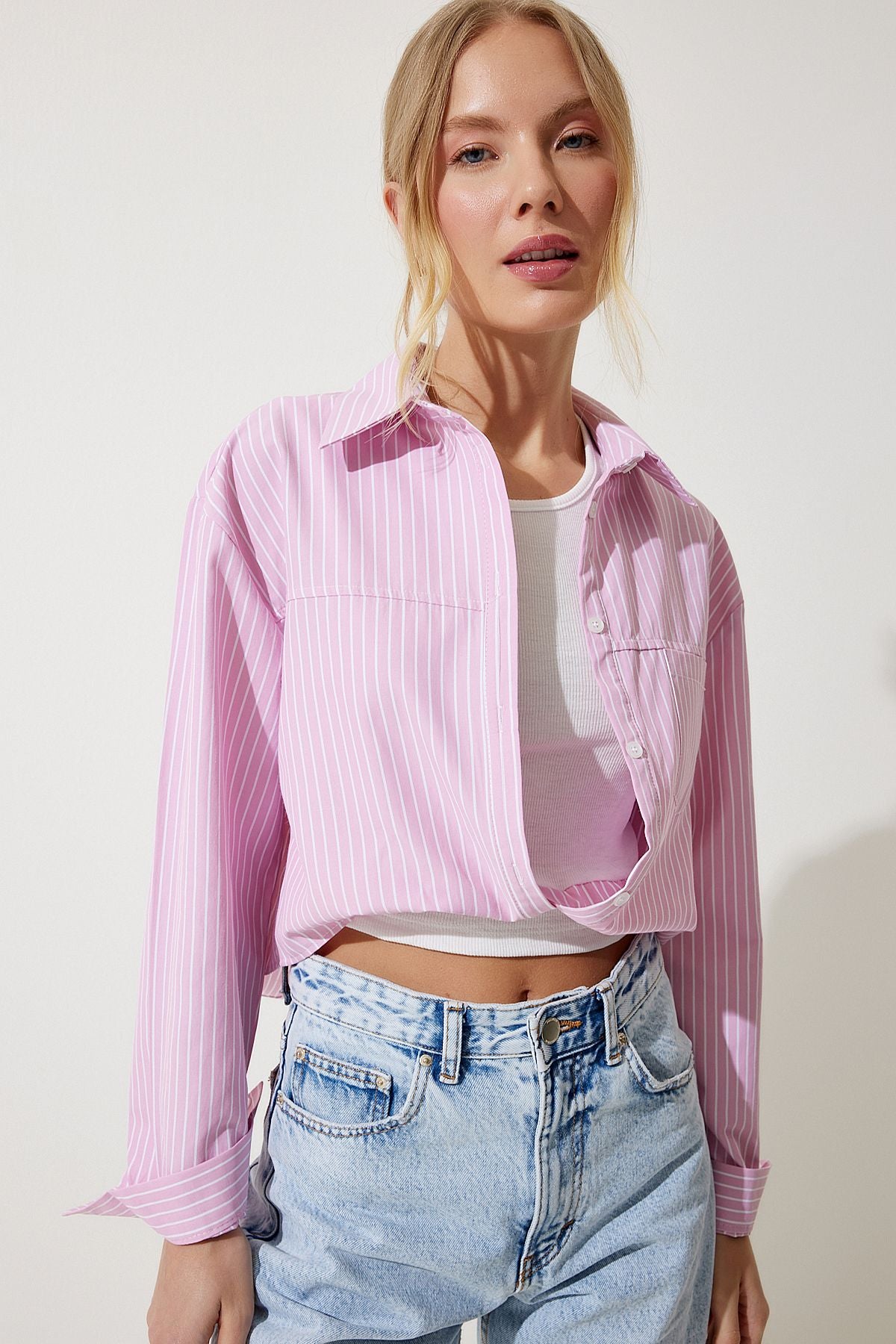Female Pink Blouse Detail Crop Shirt RG00022