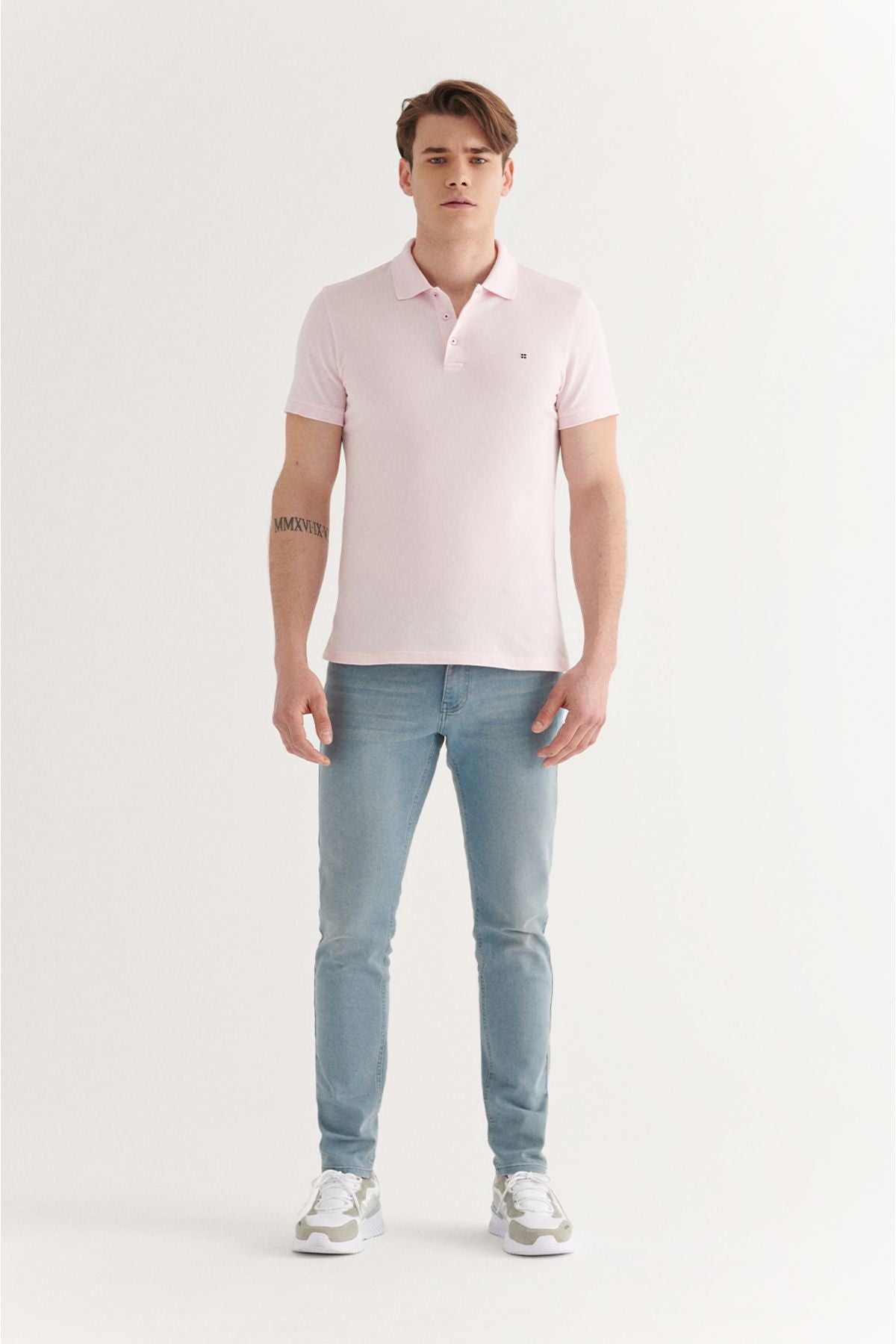 Men's light pink 100 %cotton cool that holds Polo Yaka T-shirt E001004