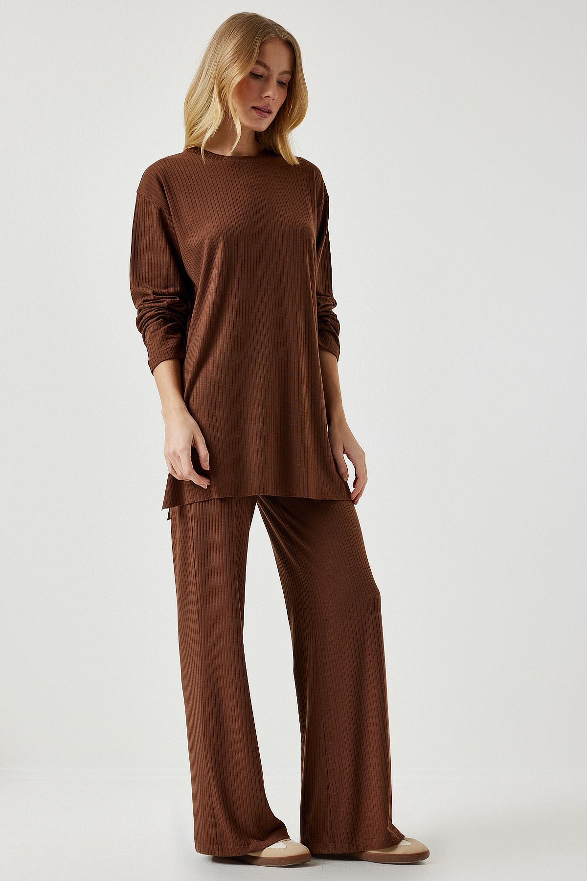 Female brown wick knitted blouse trousers set KH00088