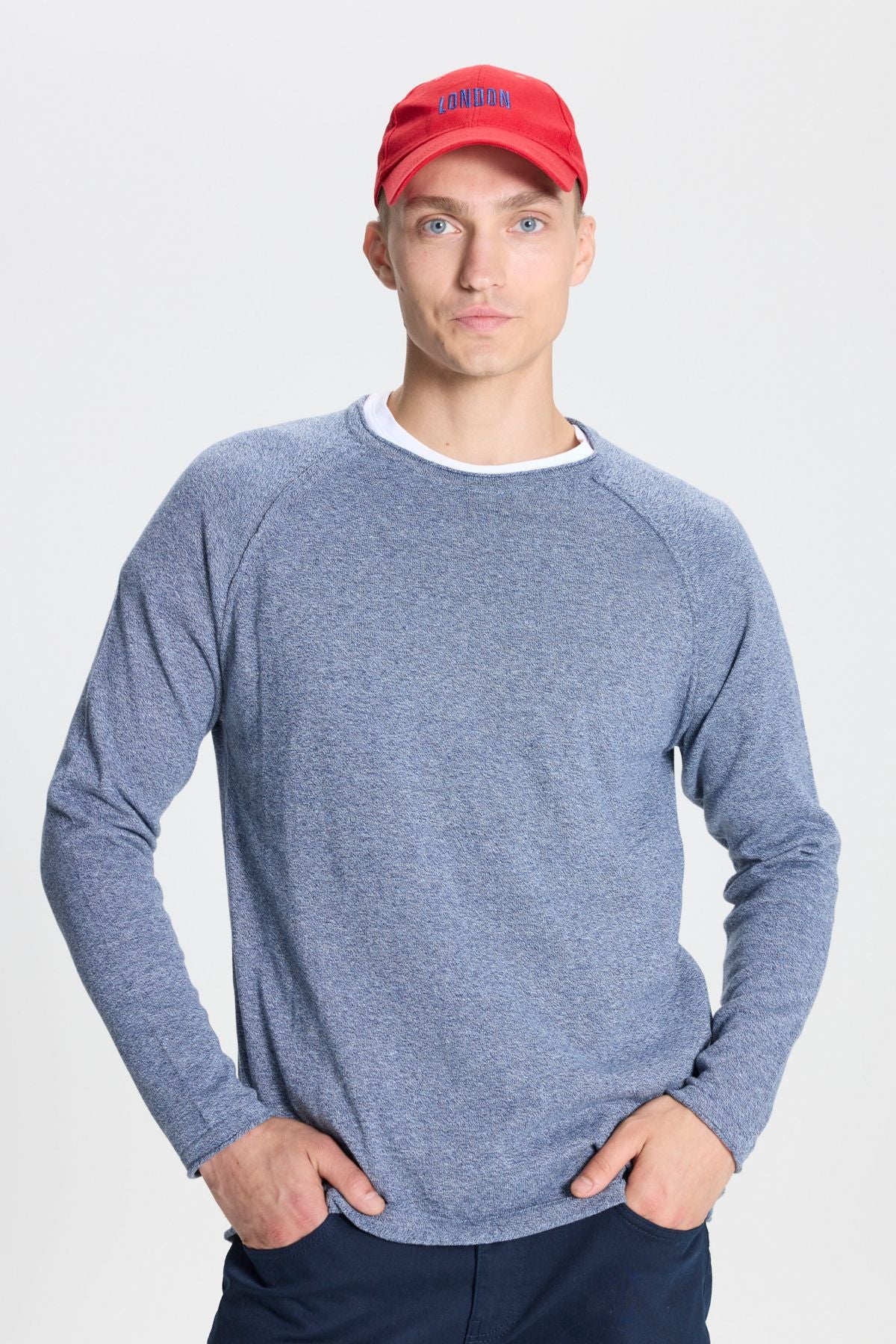 Men's Indigo-Ekru Standard Fit Normal Normal Class Bike Cotton Muline Patterned Knitwear Kazakh