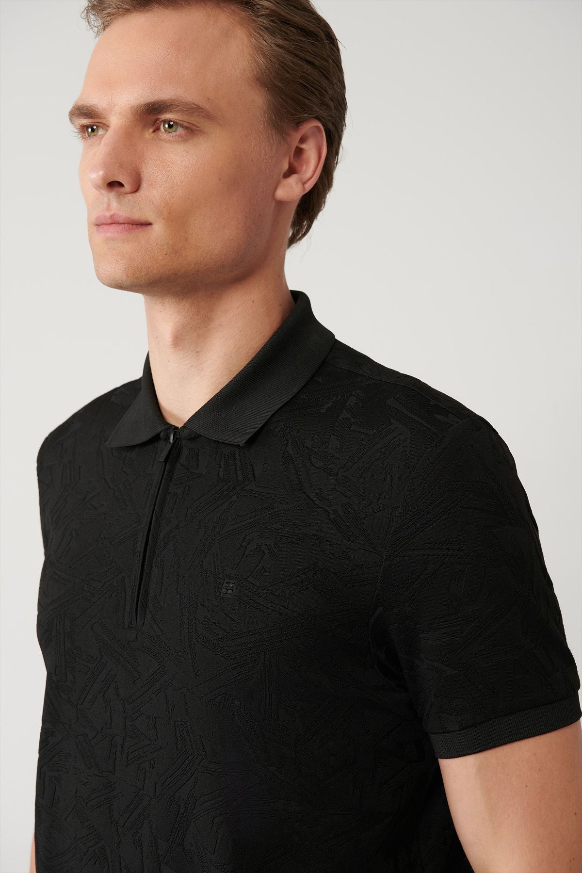 Men's Black Zipper Jacquard Polo Yaka T-shirt A41y1118