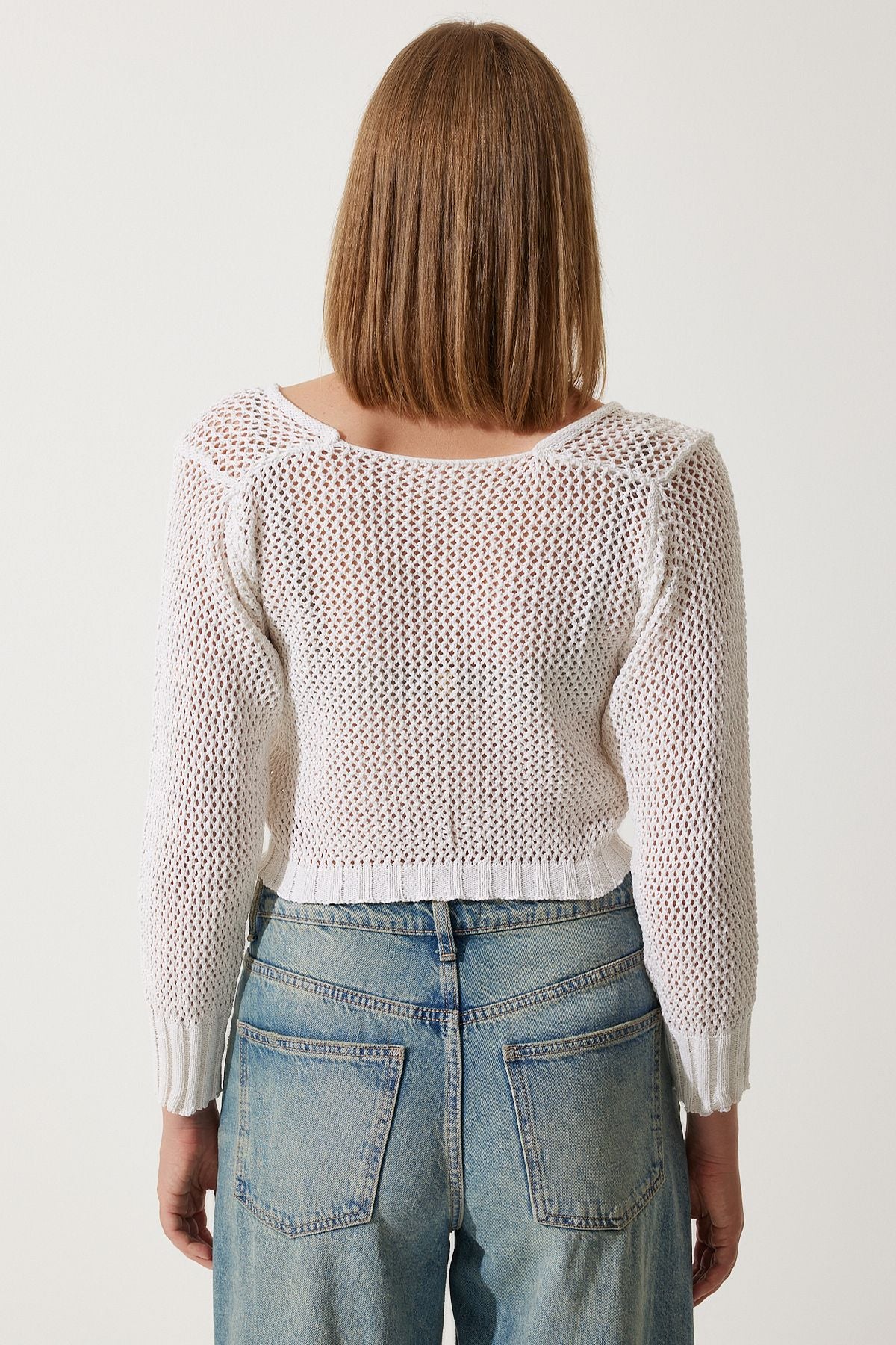 Kadın Ekru Ajurlu Crop Triko Bluz YY00212