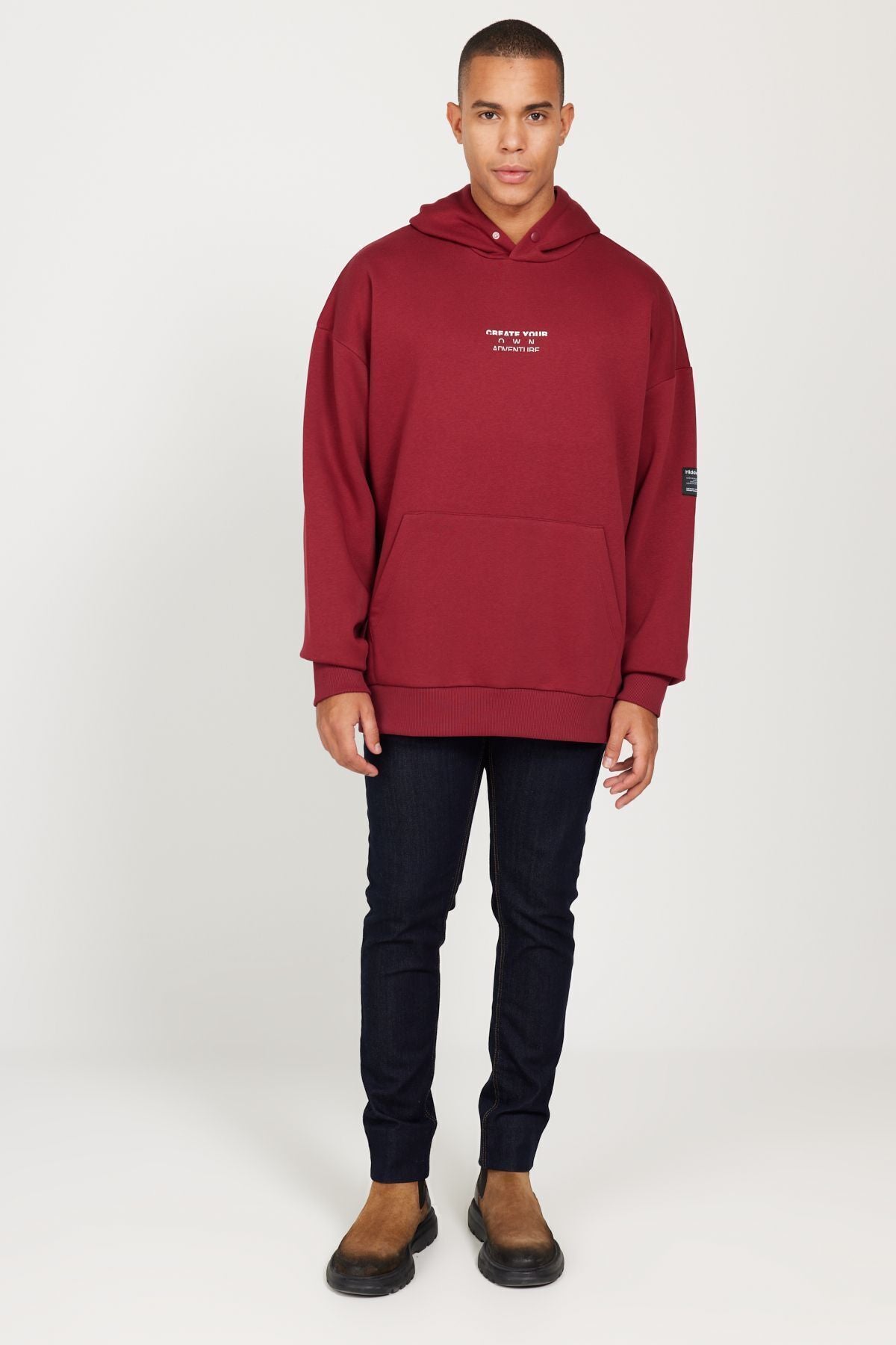 Erkek Bordo Oversize Fit Bol Kesim Kapüşonlu Içi Polarlı 3 Iplik Pamuklu Sweatshirt