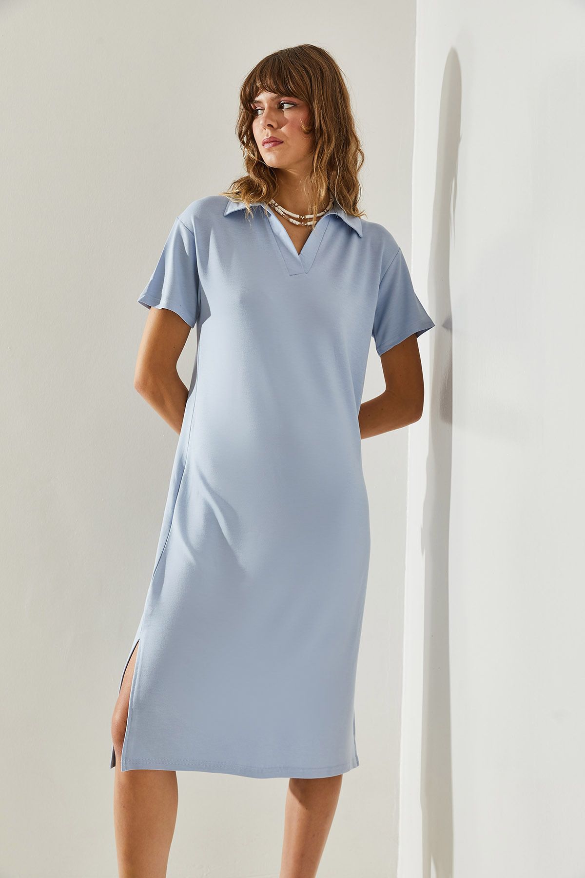 Women's Short Sleeve Neck Detail Slit Basic 5621 Dress 60251367