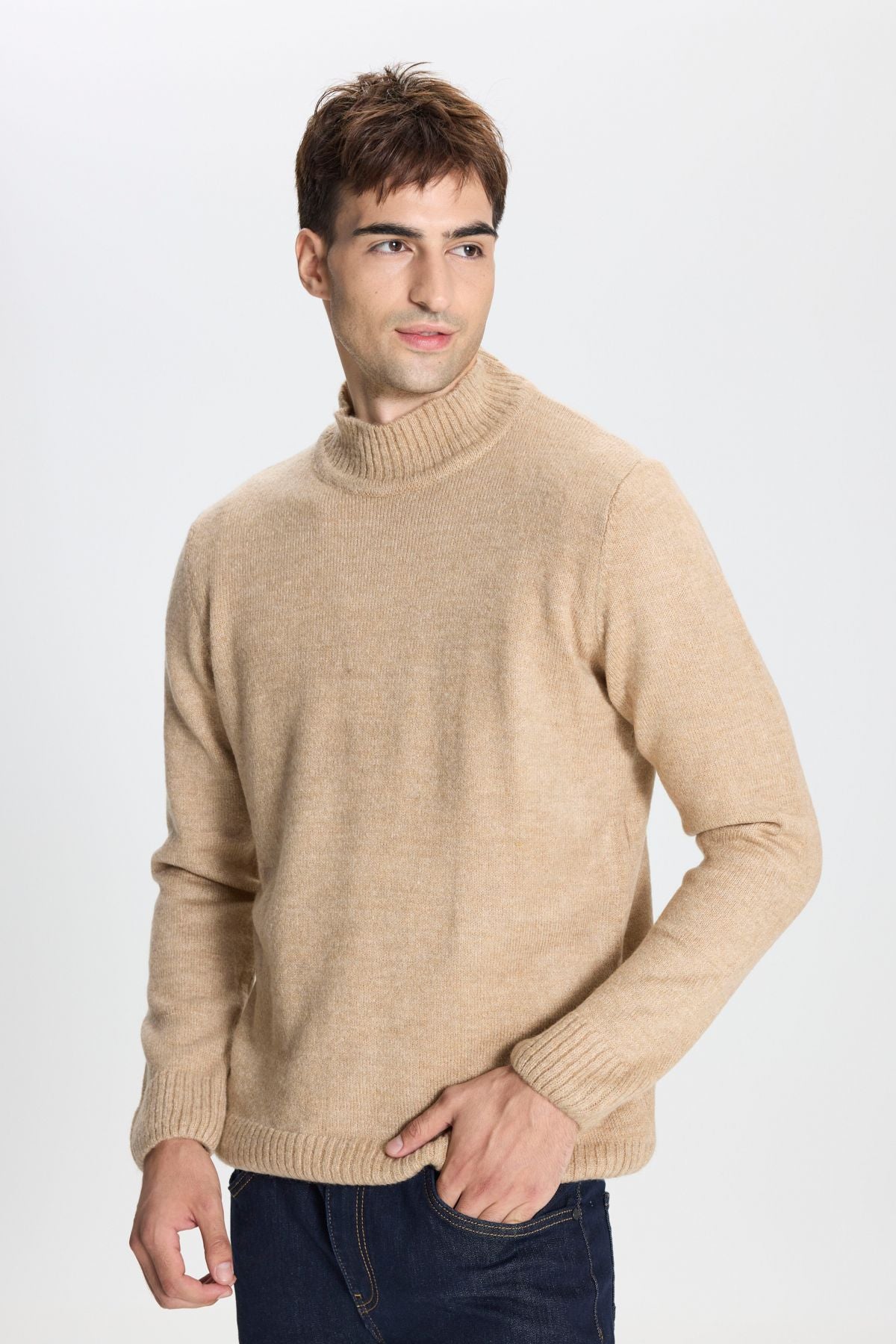 Men's Brown Standard Fit Normal Cut Half Fisherman Yaka Soft textured knitwear sweater