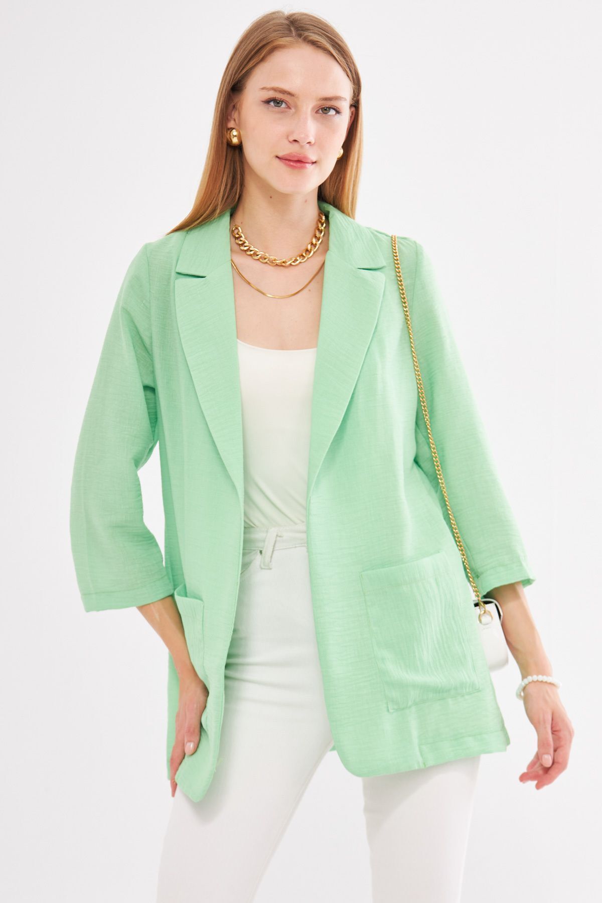 Female Neon Green Linen-Looking Pocket Oversize Jacket ARM-24Y001065