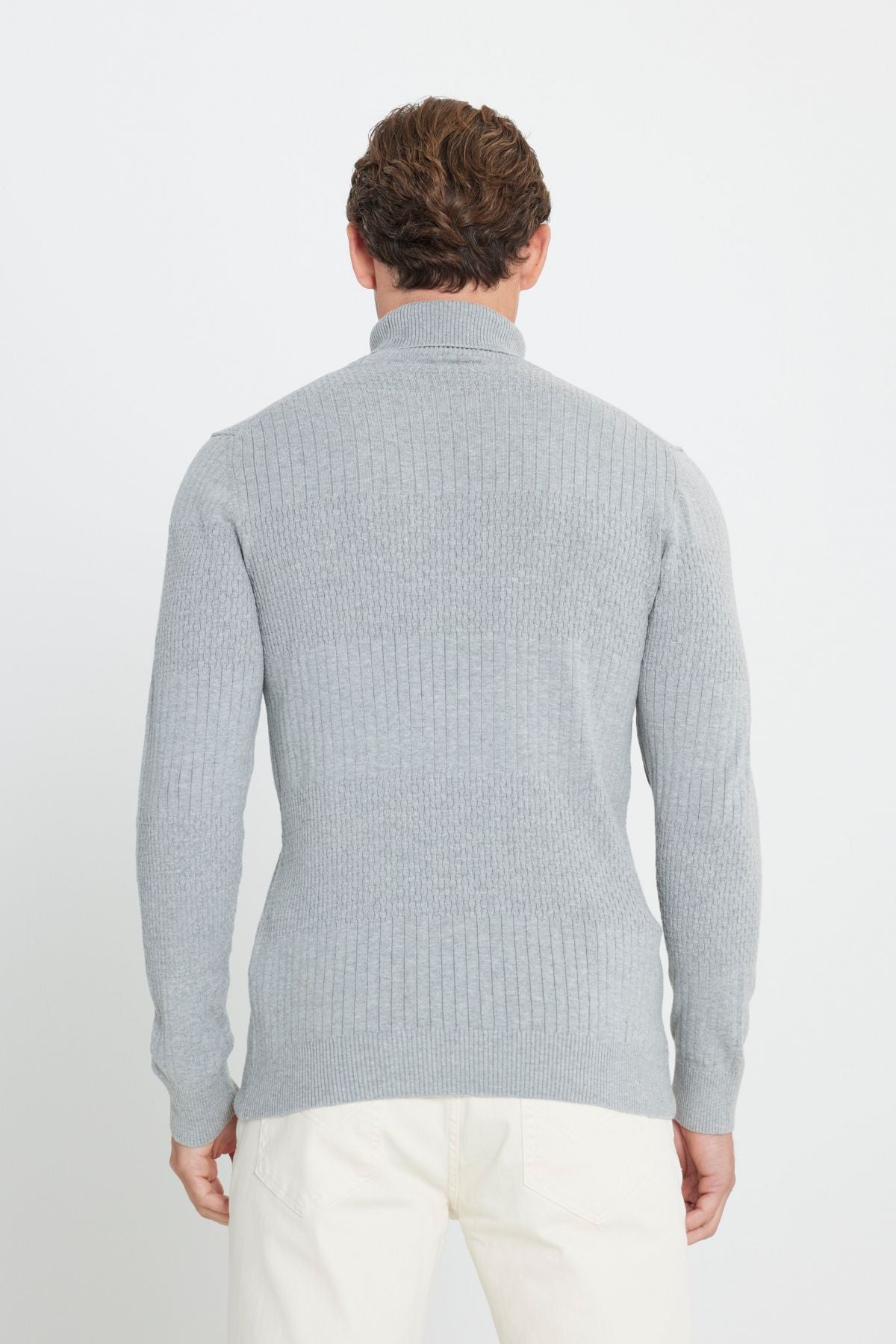 Men's Gray Melanj Standard Fit Normal Cut Full Fisherman Cotton Cotton Jacquari Knitwear Sweater