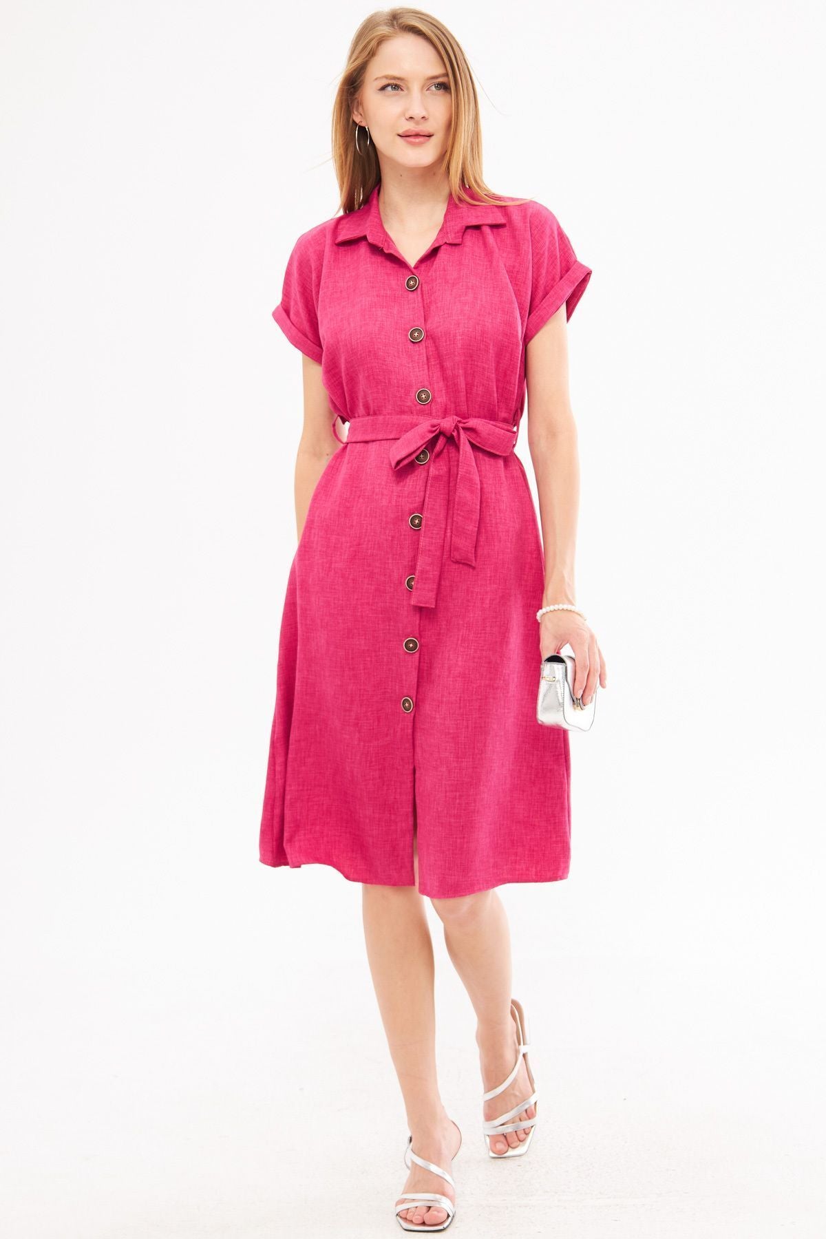 Fuchsia Fuchsia linen-looking waist belt short sleeve shirt dress ARM-24Y001084