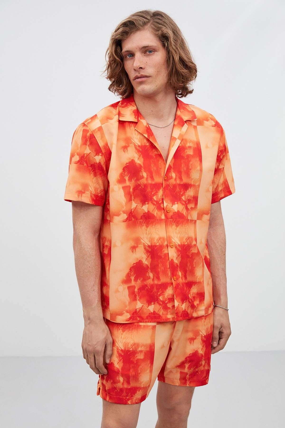 Playa Men's Patterned Shirt Shirt button Summer Orange Shirt