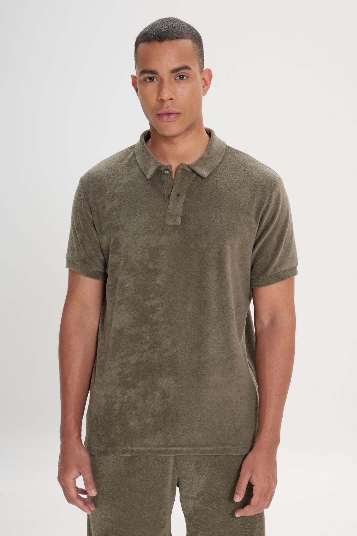 Men's Khaki Slim Fit Narrow Cut Cotton Towel Fabric Polo Yaka T -shirt