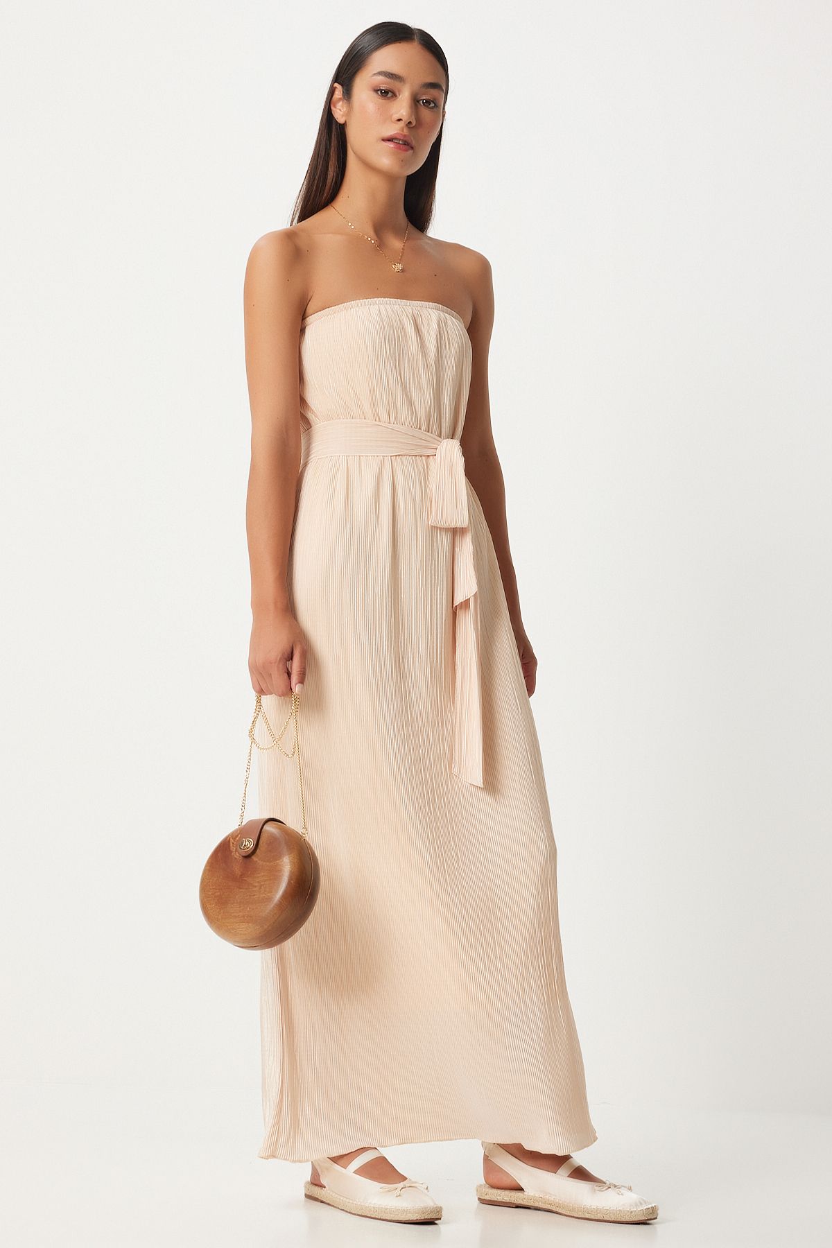 Women's Cream Strapless Born Pilicated Dress FN03237