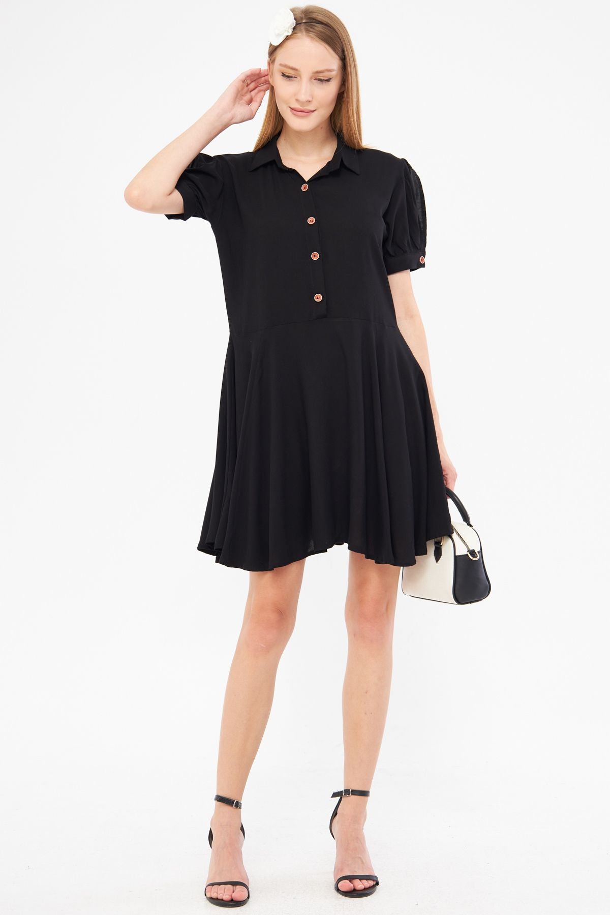 Female black shirt collar handle slit detailed closh watermelon sleeve dress ARM-24Y001083