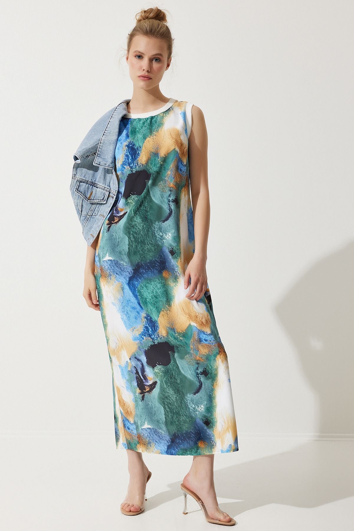 Woman Blue Degrade Patterned Sleeveless Summer Dress KJ00010