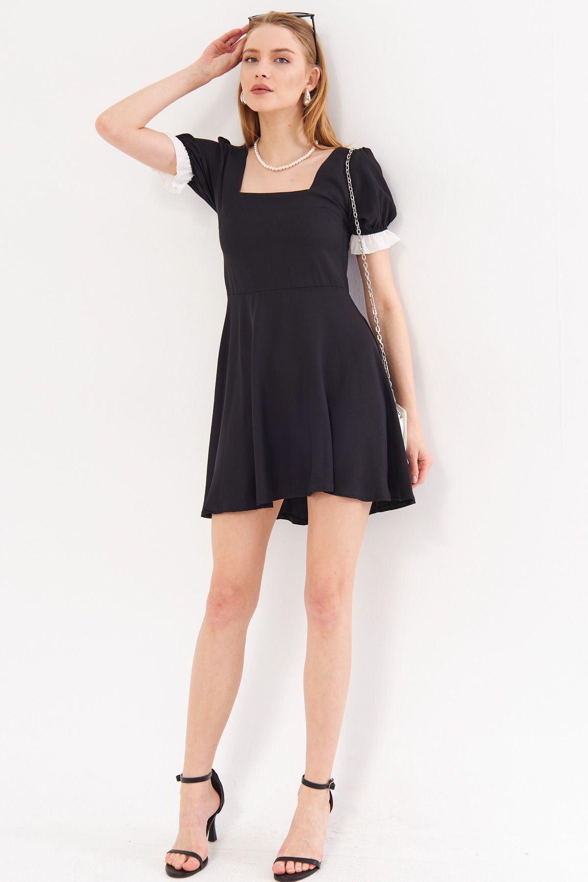 Female Black Front Rear Square Neck Sleeve Tip Detailed Watermelon Sleeve Kloş Mini Dress ARM-24Y001062
