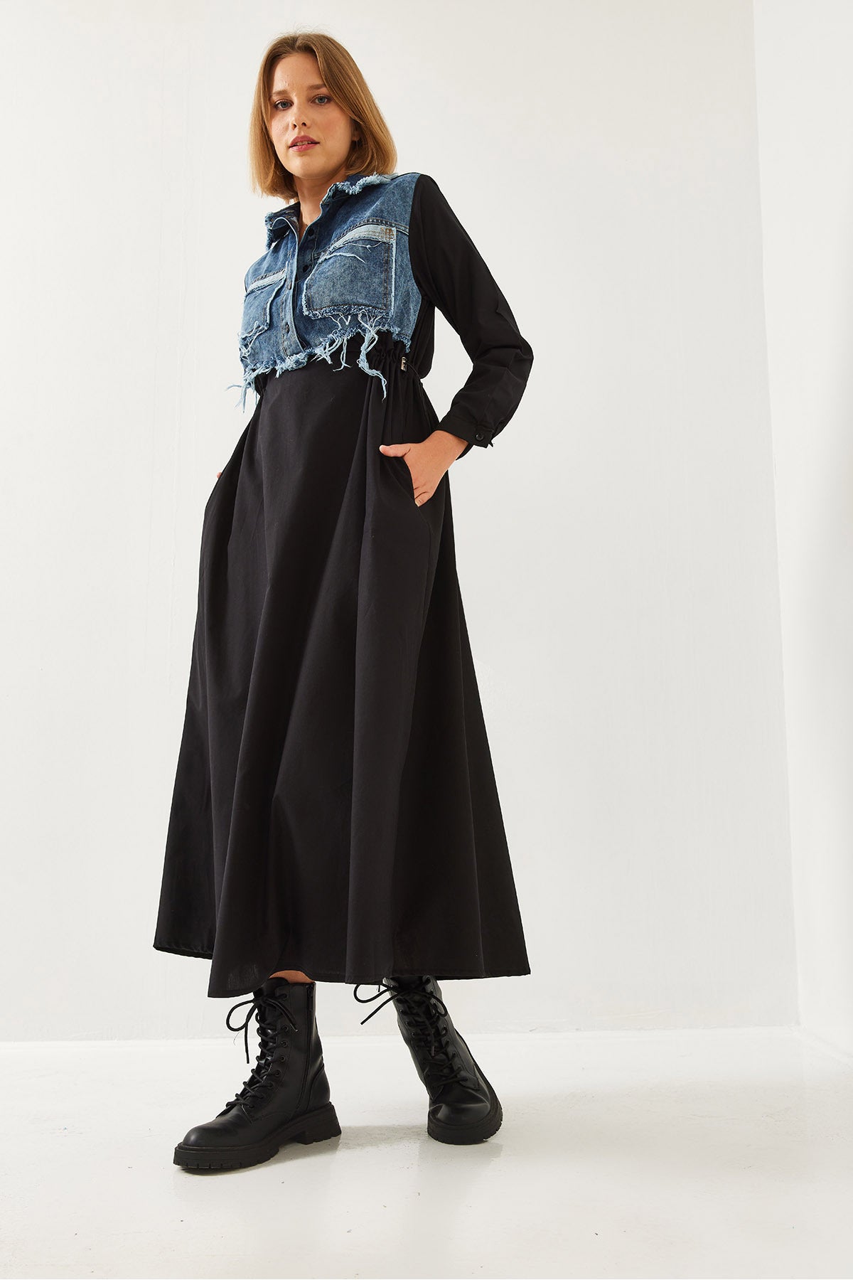 Women's Denim Garnished Long Flared Dress 60351248