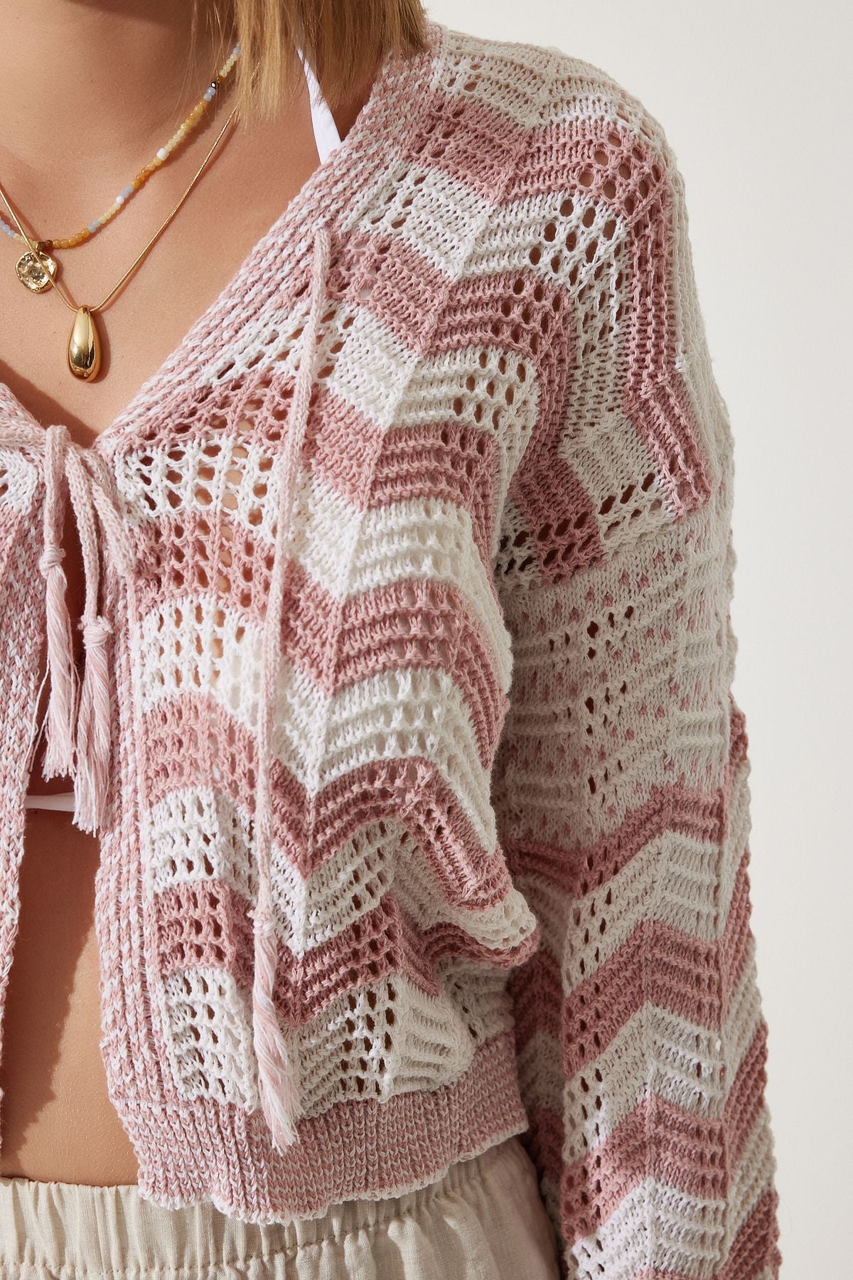 Women's Cream Pink Striped Offer Mevsimlik Triko Cardigan MW00148