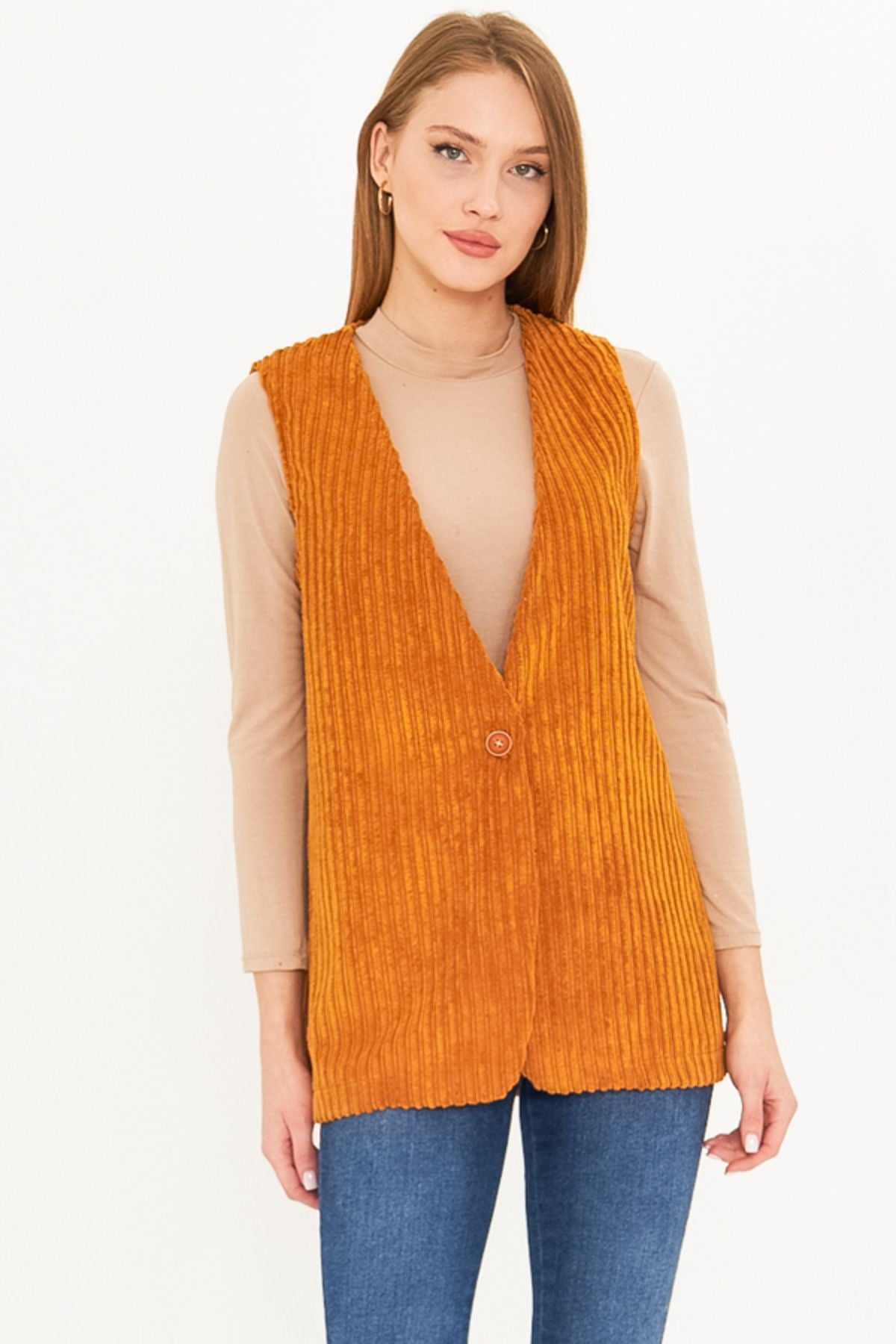 WOMEN HARDAL V-YAKA SINGLE buttoned with a thick wick velvet vest ARM-25K001016