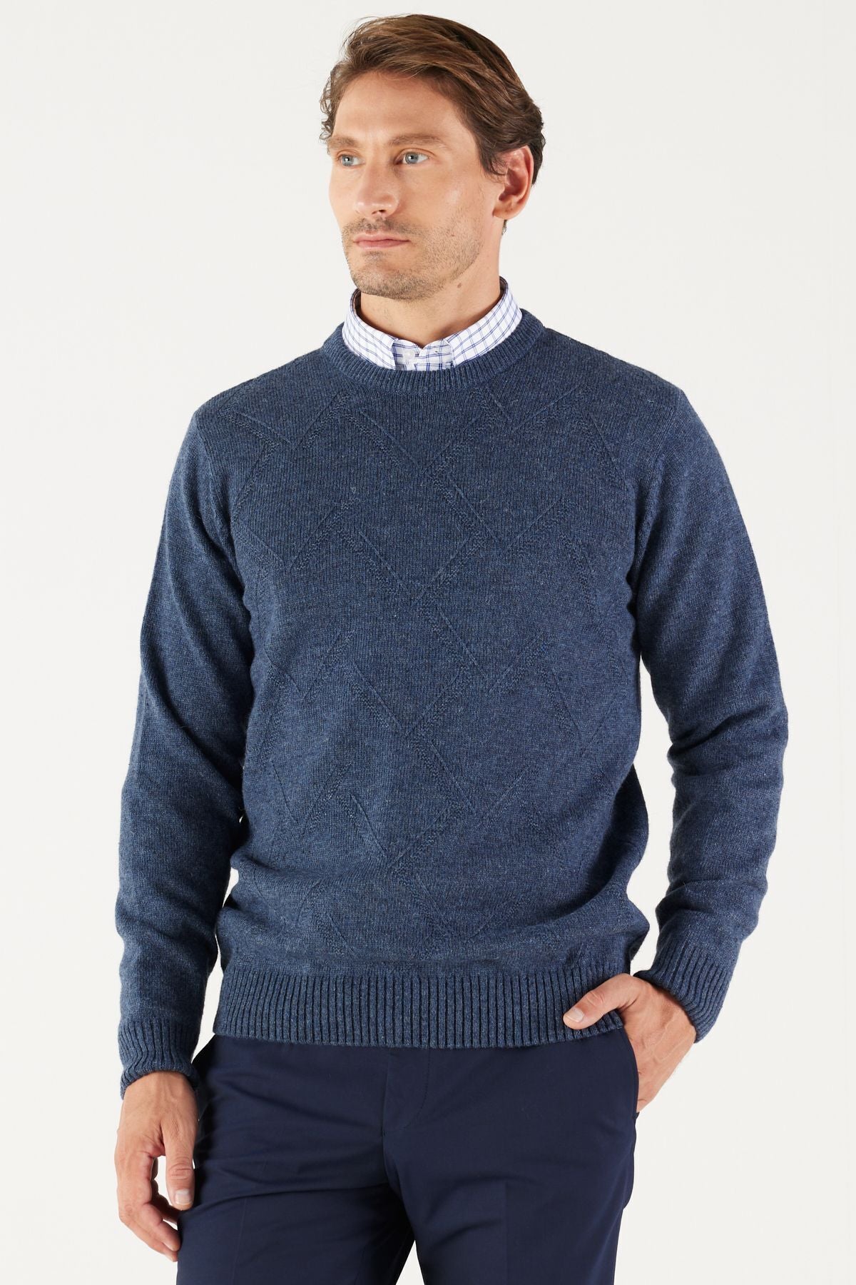 Men's Avaş Blue Standard Fit Normal Cut Normal Class Bike Jacquari Knitwear Sweater