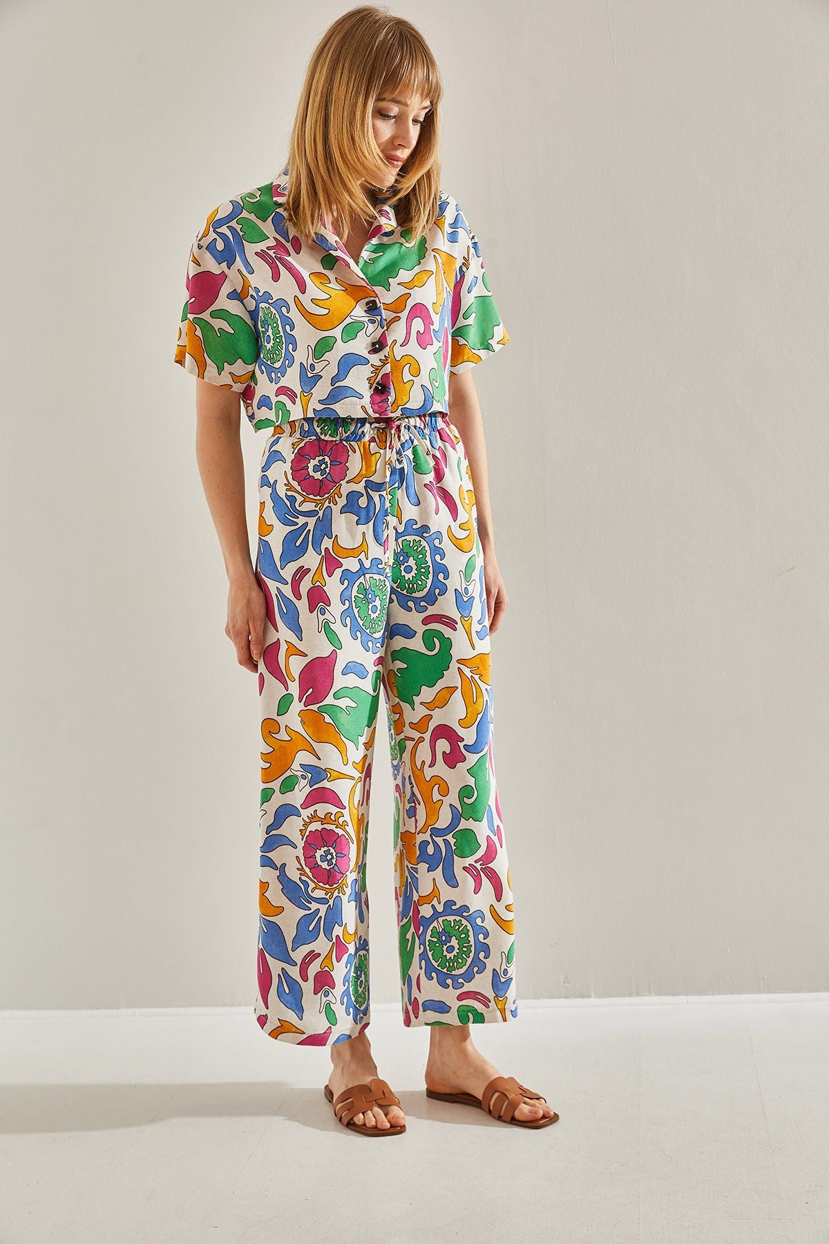 Crop Set with Palazzo Double Pants with Orange Ethnic Patterned 60251023