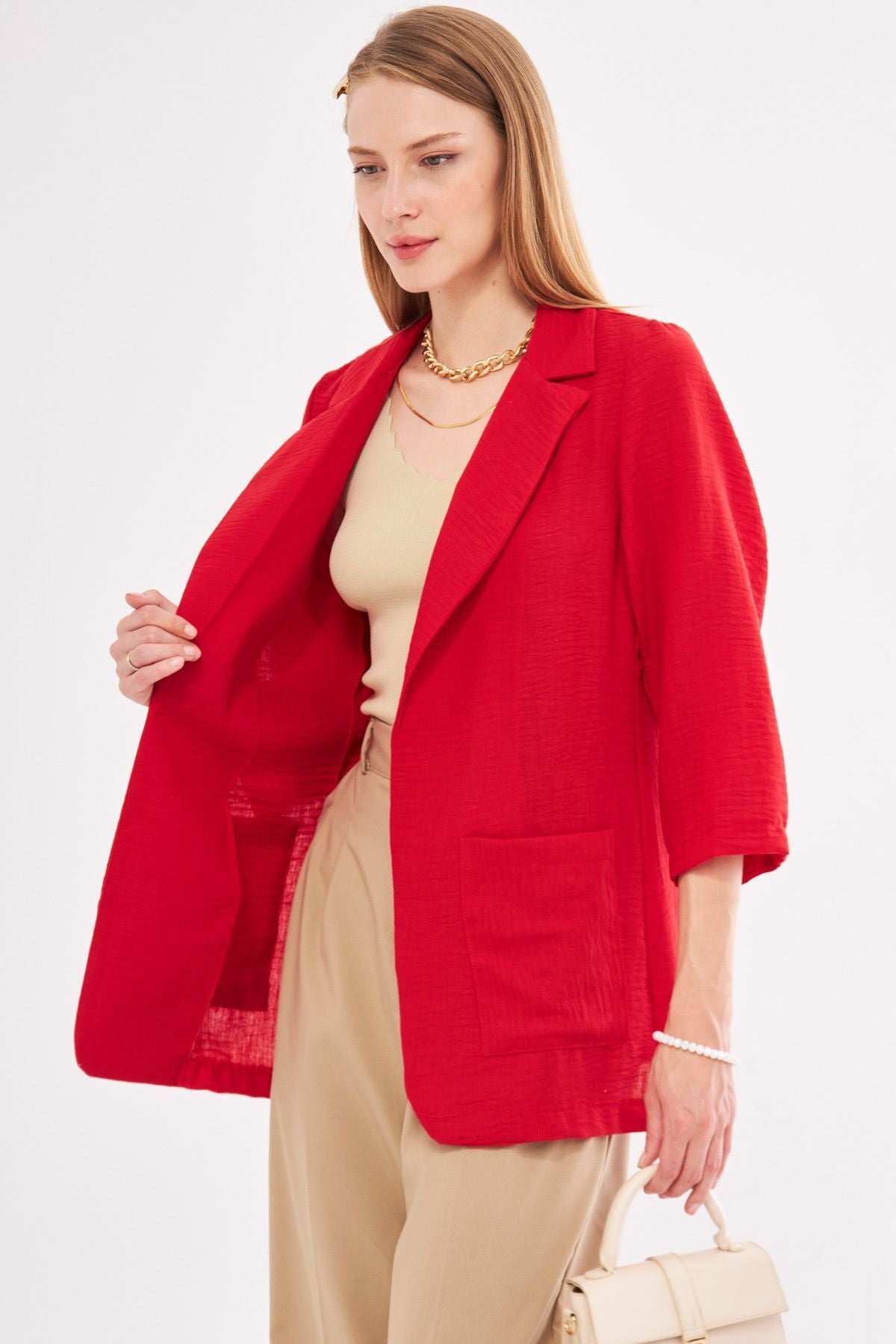 Woman Red Linen Looking Pocket Oversize Jacket ARM-24Y001065