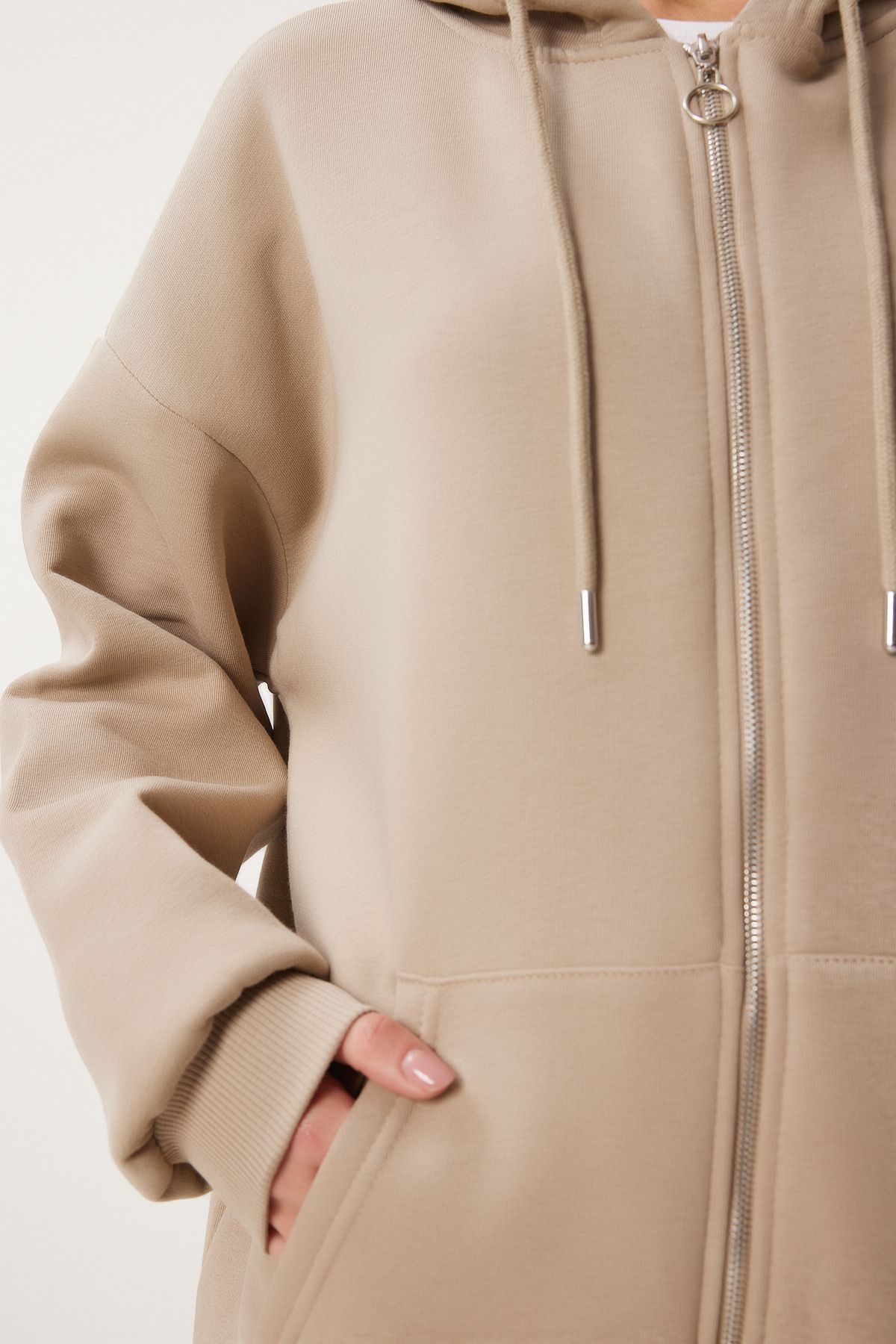 Female Beige Hooded Zipper Oversize Sweatshirt UB00124