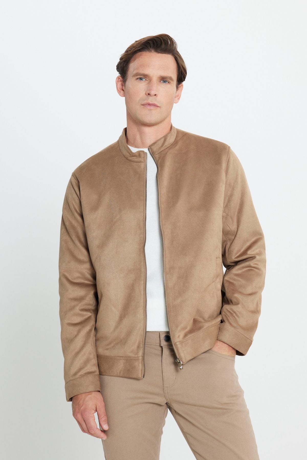 Men's beige standard fit normal cut upright collar suede jacket coat