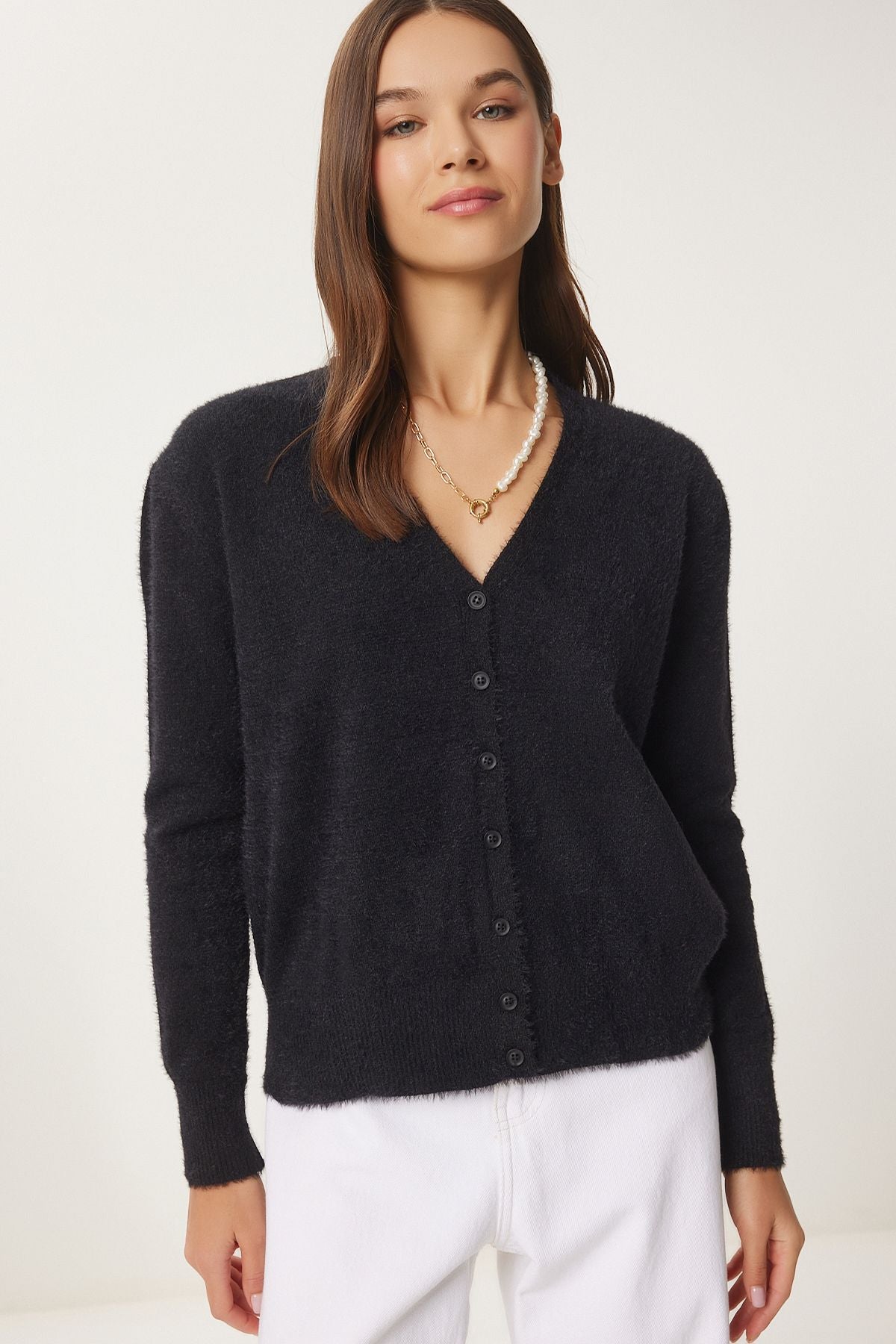 WOMEN Black V -Neck Beard Seasonal Triko Cardigan FN03446