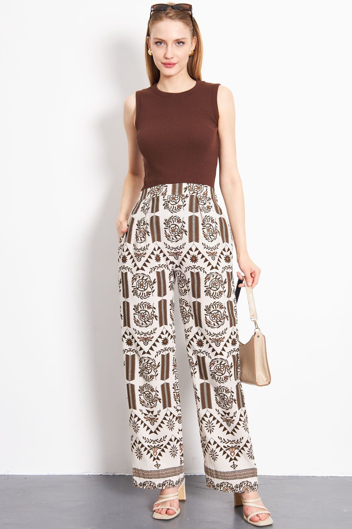 PALAZZO Pants with Female Coffee Linen Looking Patterned Patterned Patterns ARM-24Y001069