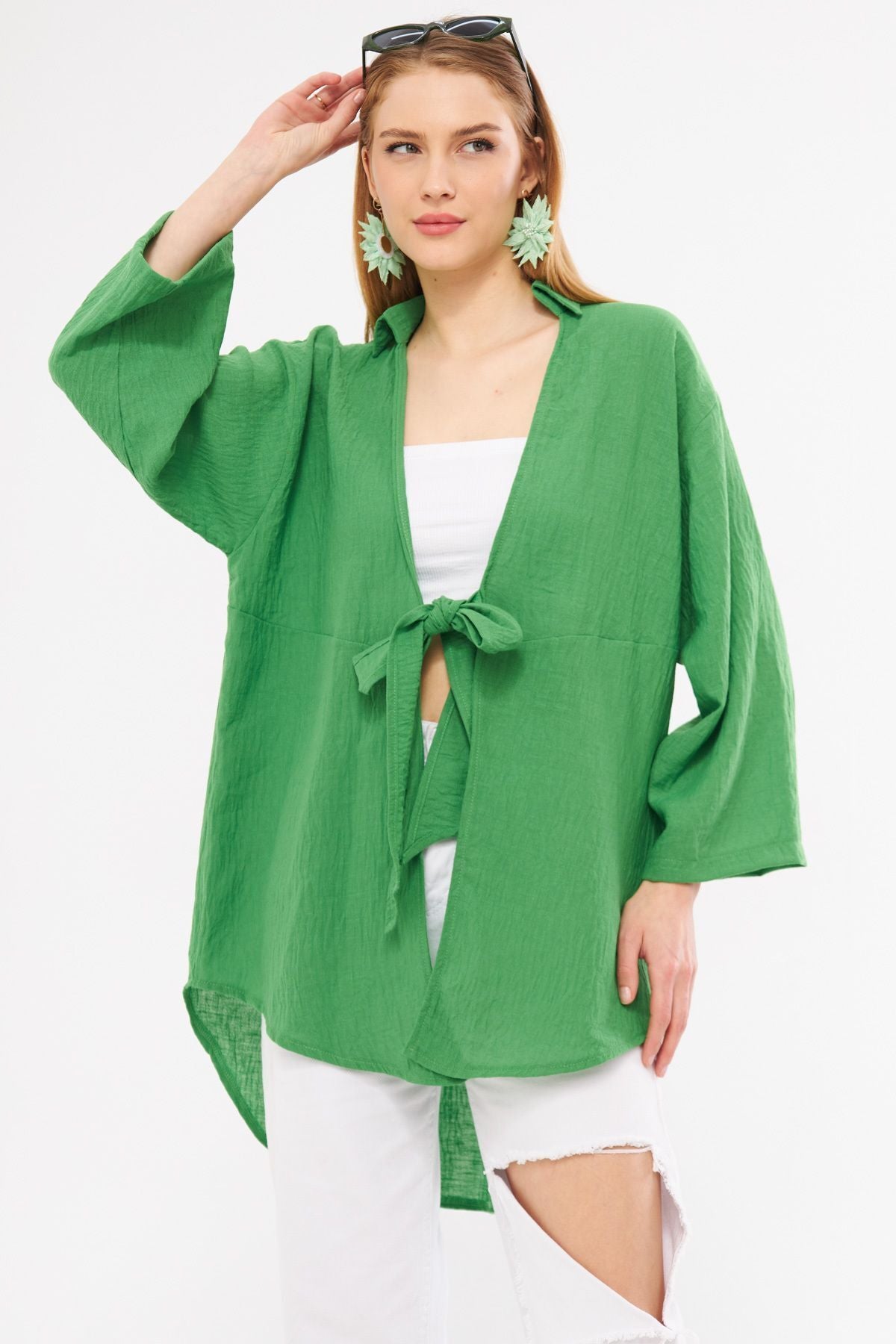 Female green linen-looking front-binding kimono shirt ARM-24Y001063