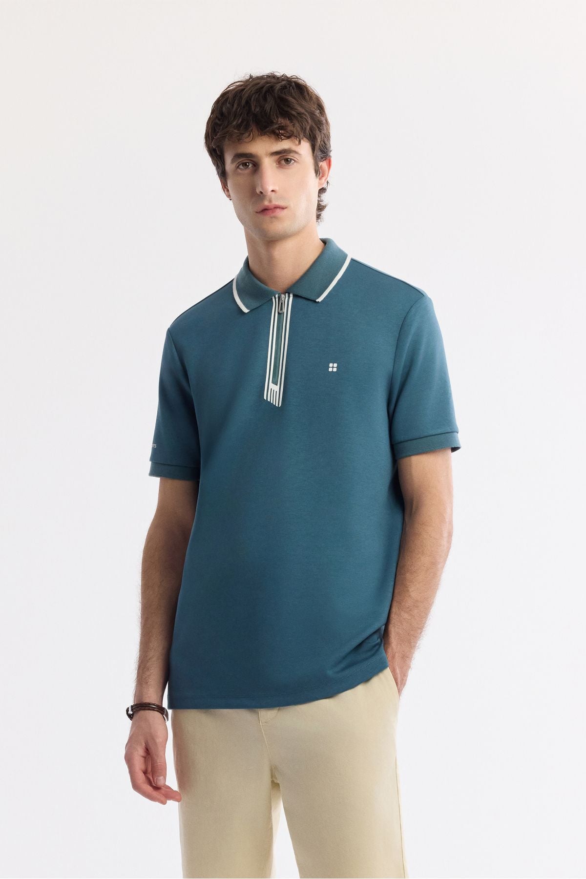 Men's oil blue zipper polo collar flexi printing detailed interlok t-shirt A51y1007