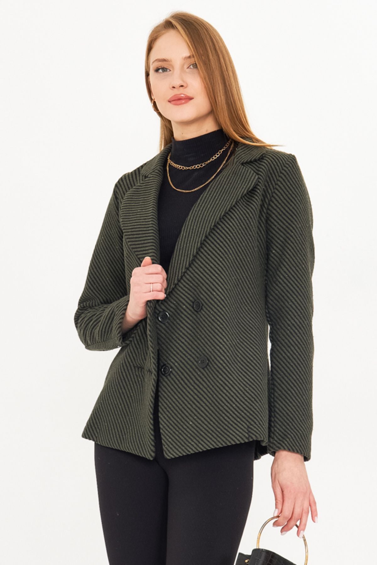 Four buttoned stamp jacket with female khaki line pattern ARM-24K001037