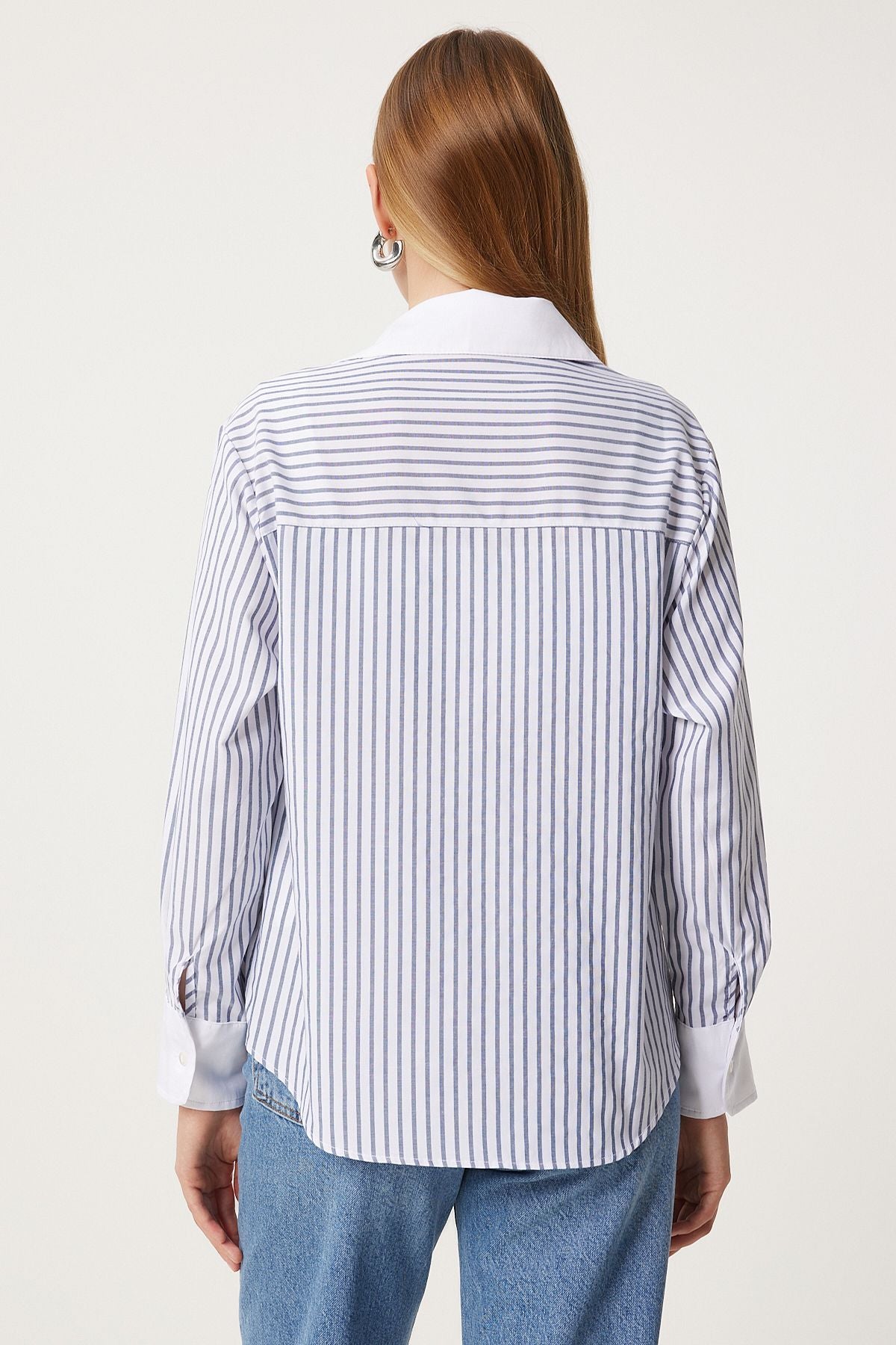 Woman White Gray Contrast Colorful Striped Oversize Shirt FN03246