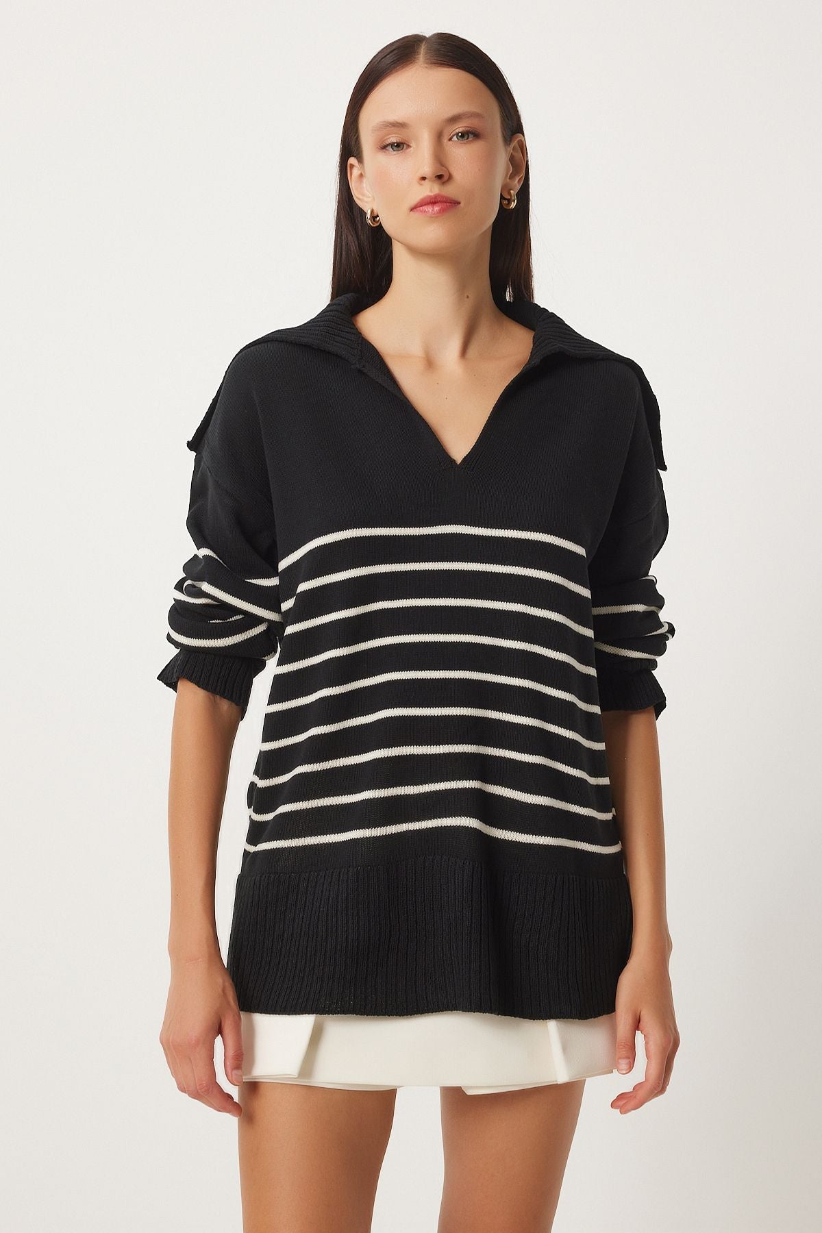 Female black shawl collar striped oversize knitwear sweater FN03345