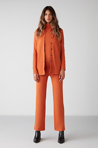 Erıka Women's Elastic Waist Flare Brick Color Trousers