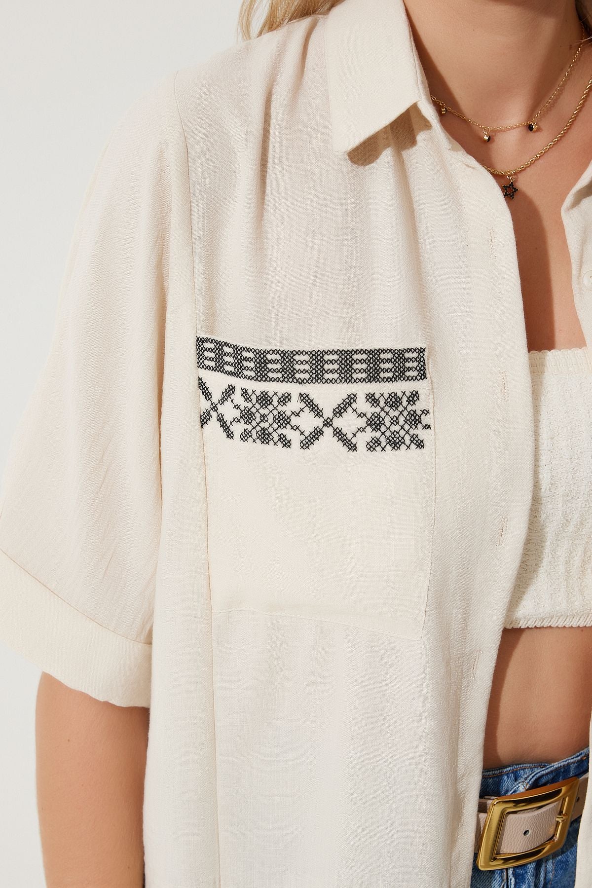 Women's Cream Embroidery Pocket Oversizle Linen Ayrrin Shirt RG00031