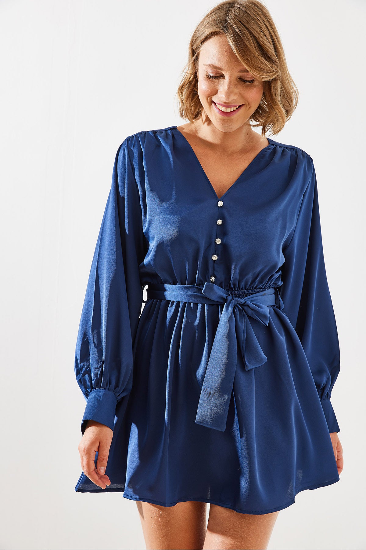 Women's Belted Button Detailed Satin Dress MBMS003 60501003