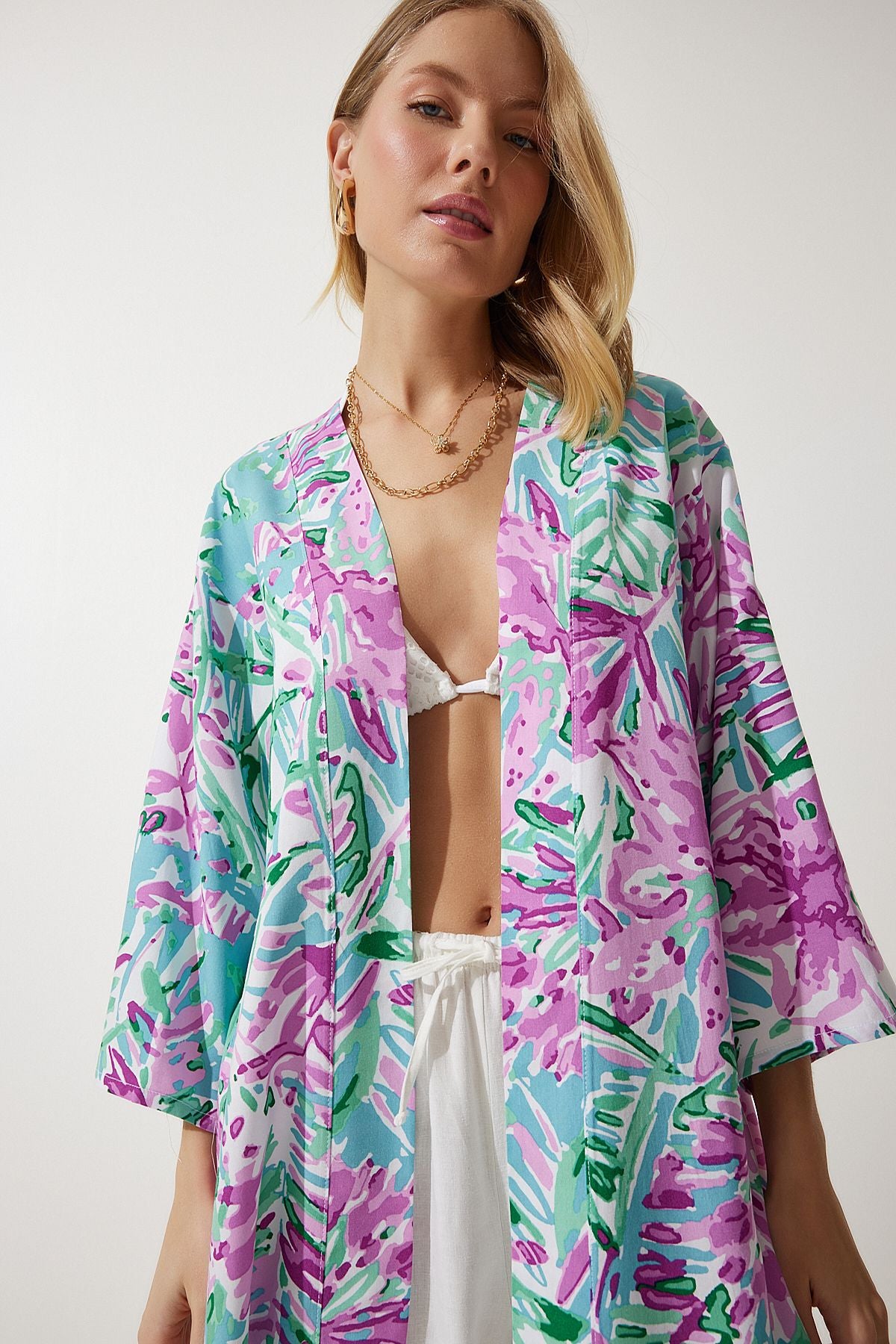 Female Cagla Green Pink Patterned Viscose Kimono EN00615