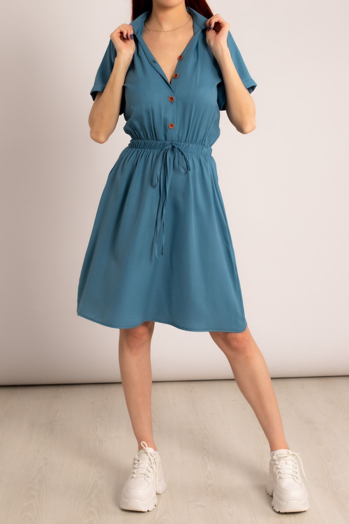 Woman Indigo Waist Tire Short Sleeve Shirt Dress ARM-23Y001035