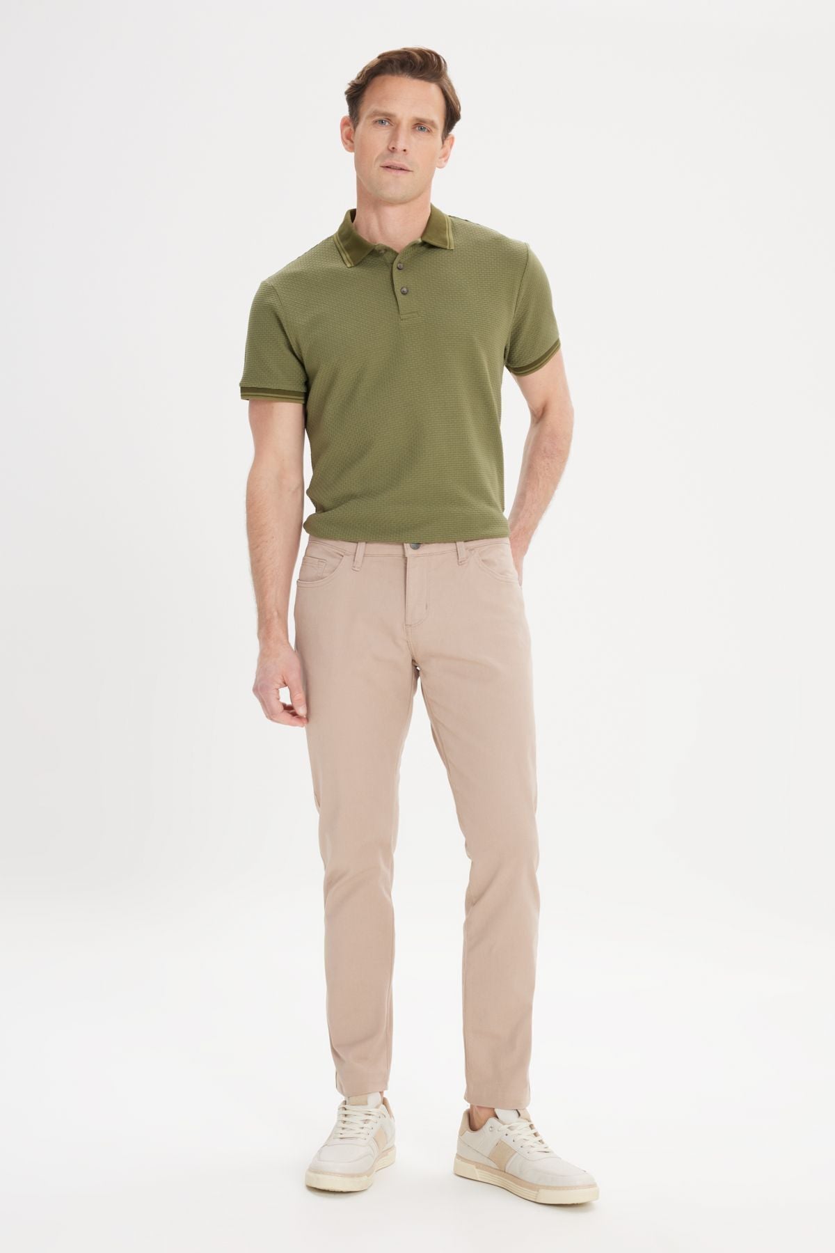 Men's Beige Slim Fit Narrow Cut 5 pocket cotton canvas flexible chino pants
